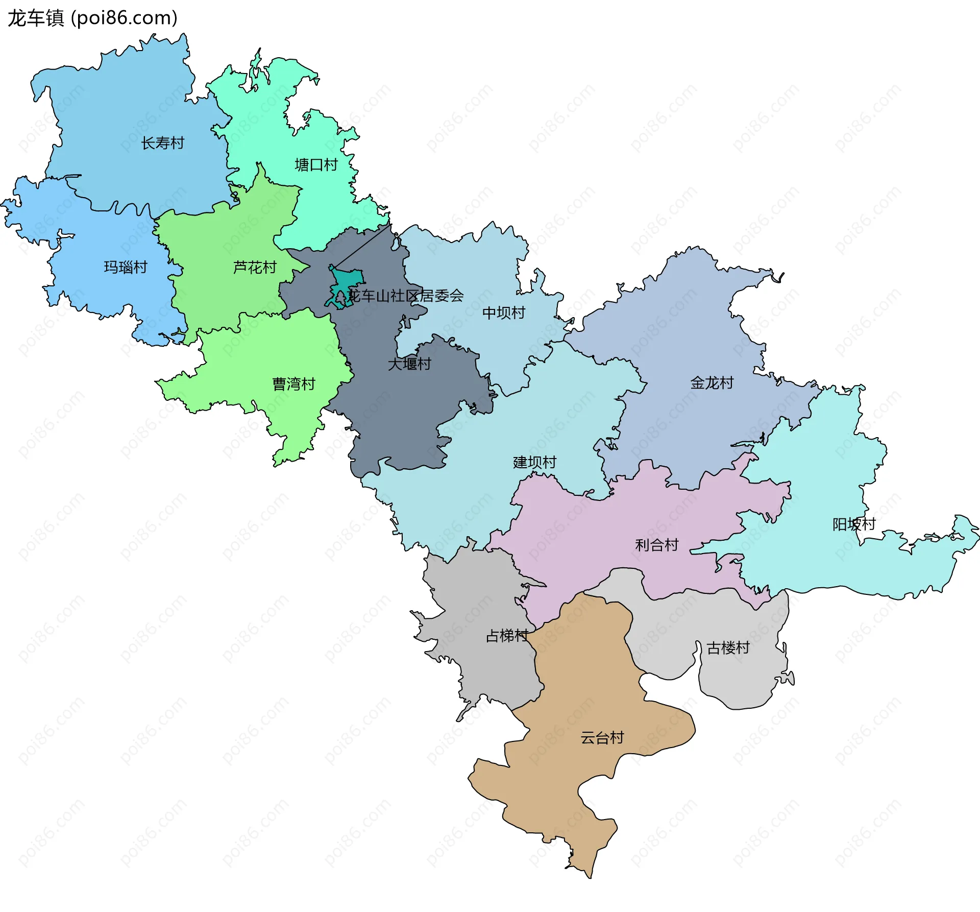 龙车镇边界地图(五级行政区划)
