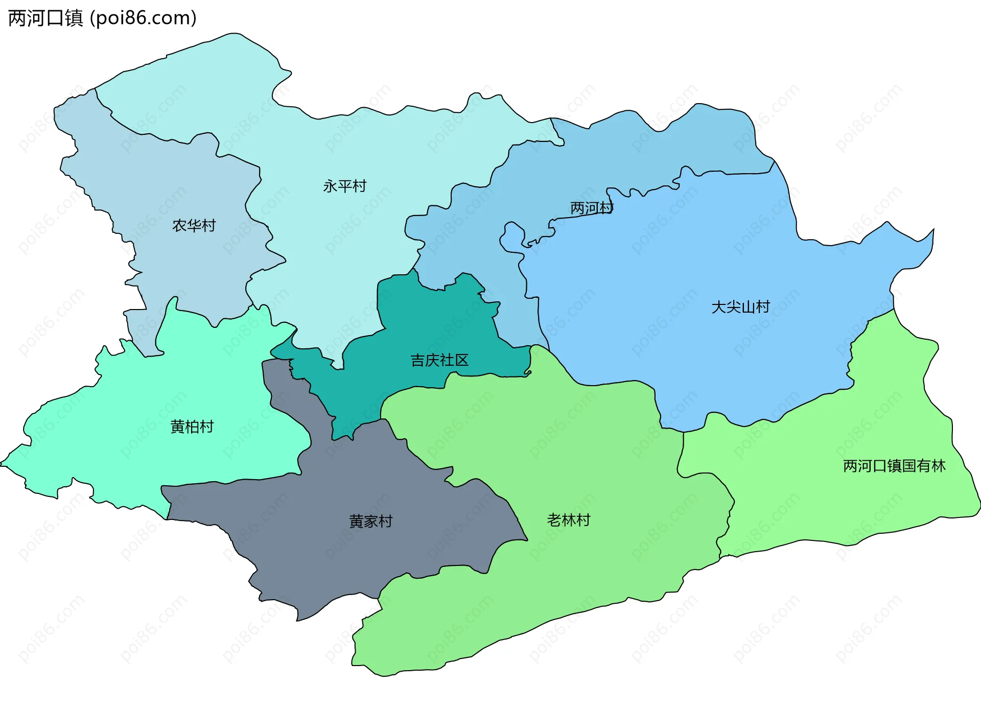 两河口镇边界地图(五级行政区划)
