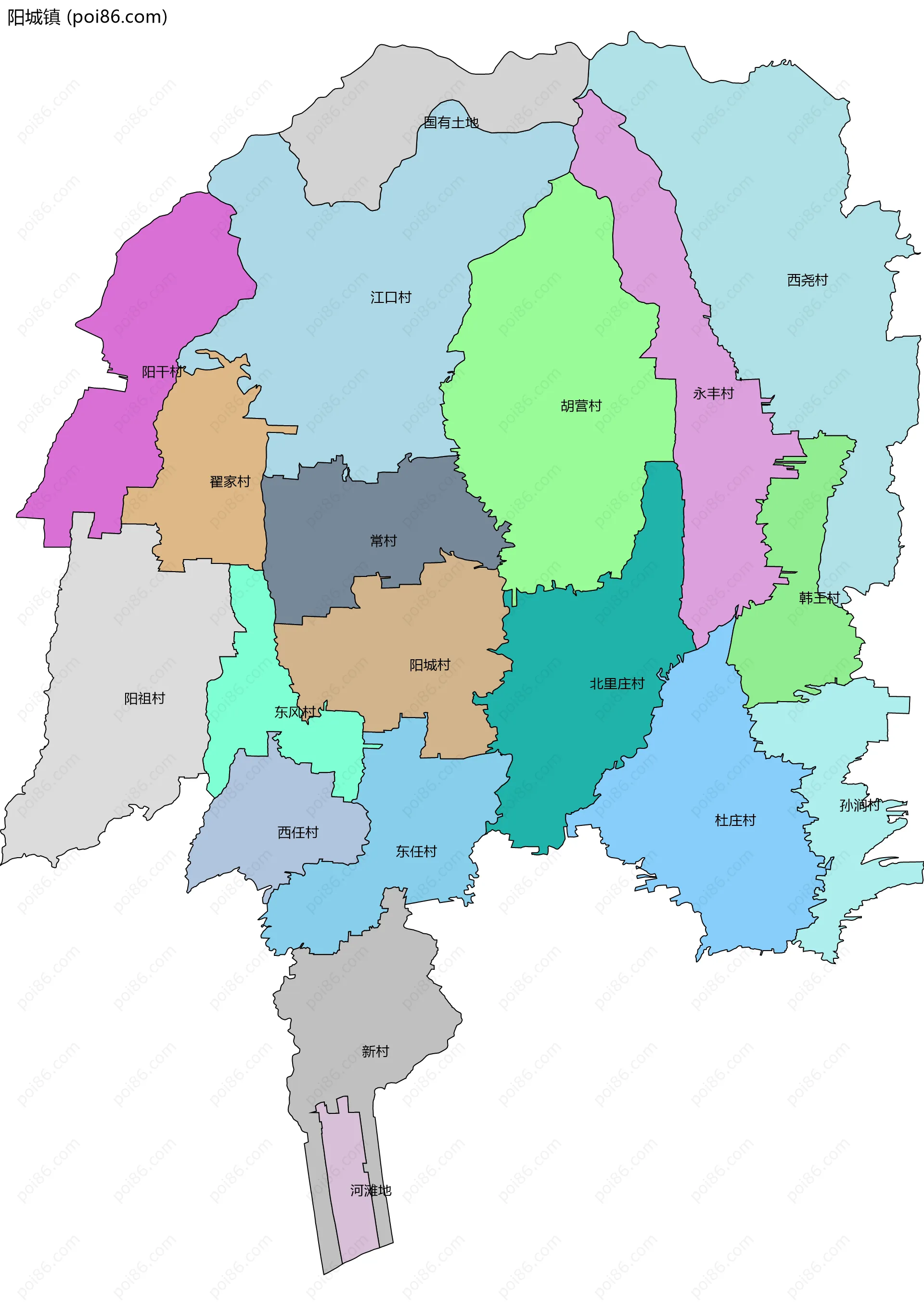 阳城镇边界地图(五级行政区划)