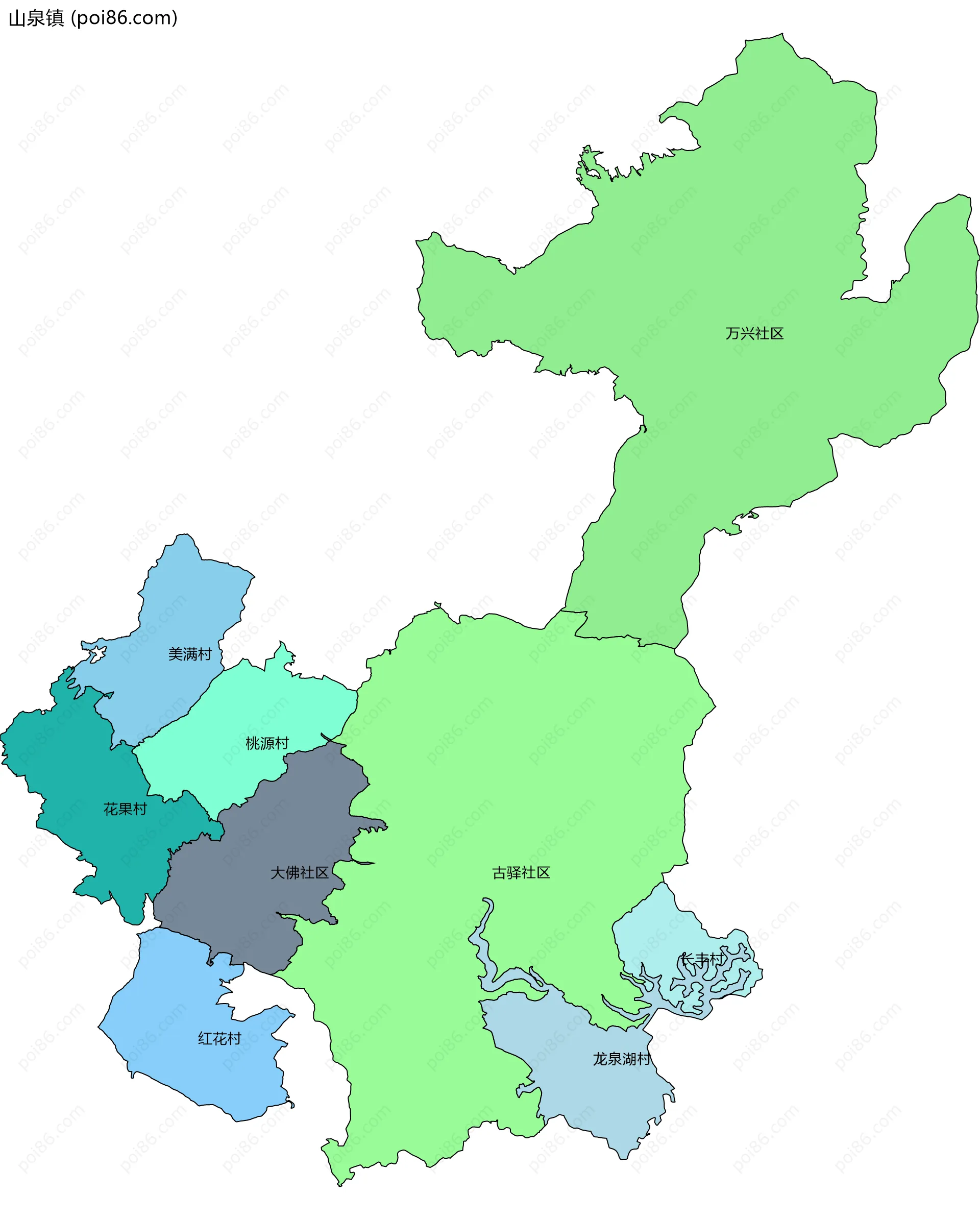 山泉镇边界地图(五级行政区划)