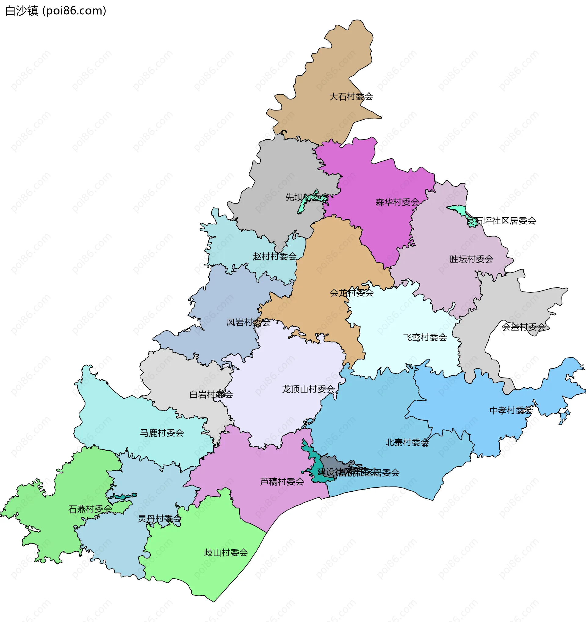 白沙镇边界地图(五级行政区划)