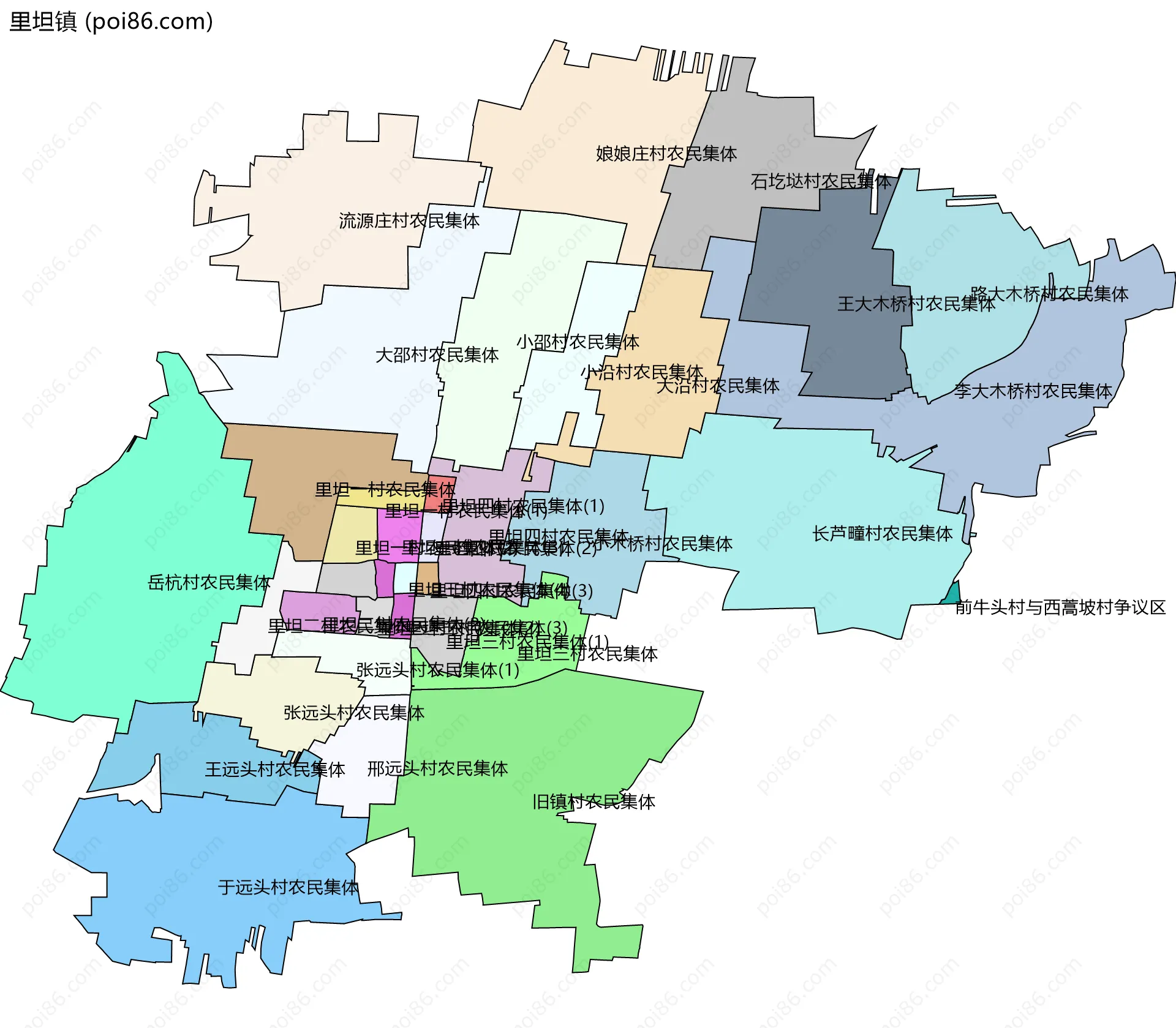 里坦镇边界地图(五级行政区划)
