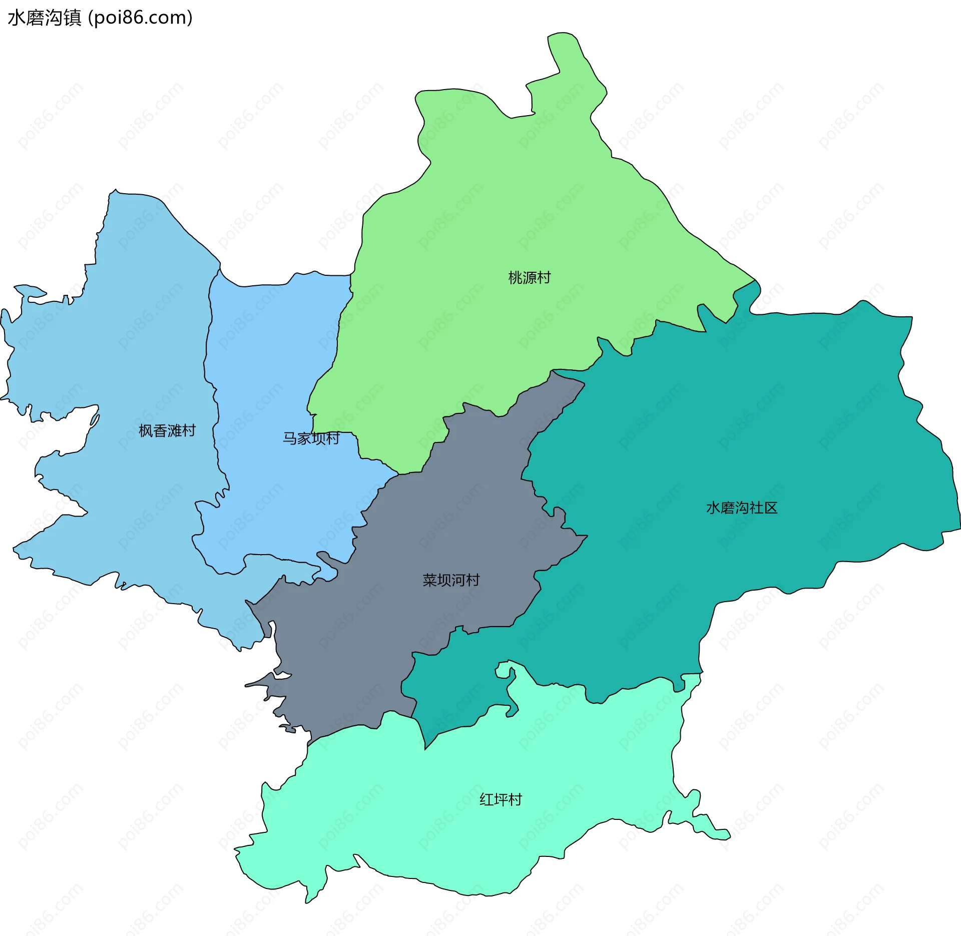 水磨沟镇边界地图(五级行政区划)