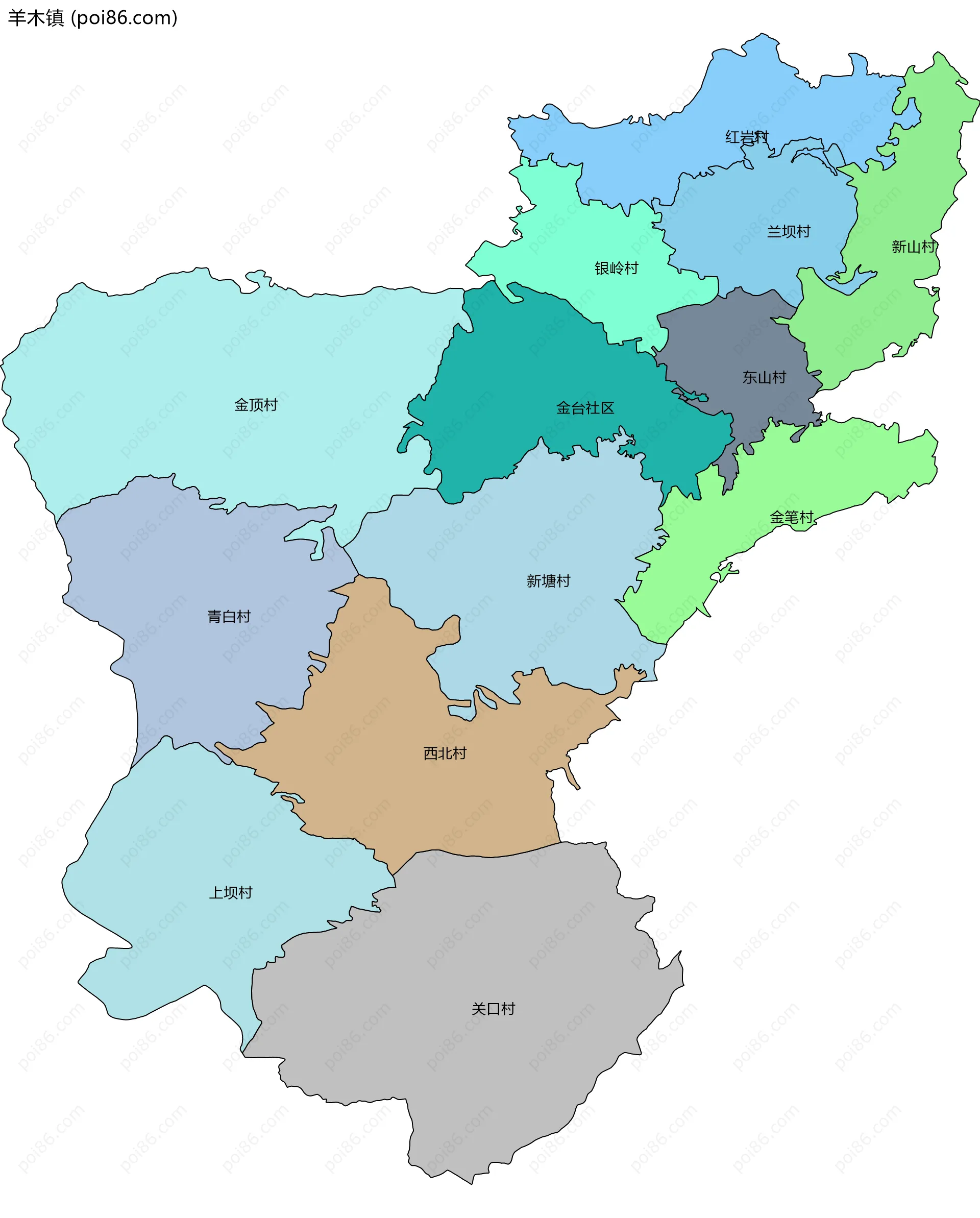 羊木镇边界地图(五级行政区划)
