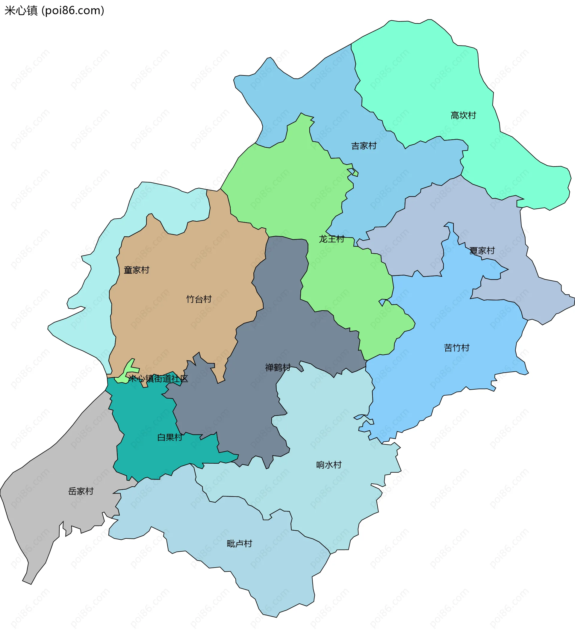 米心镇边界地图(五级行政区划)