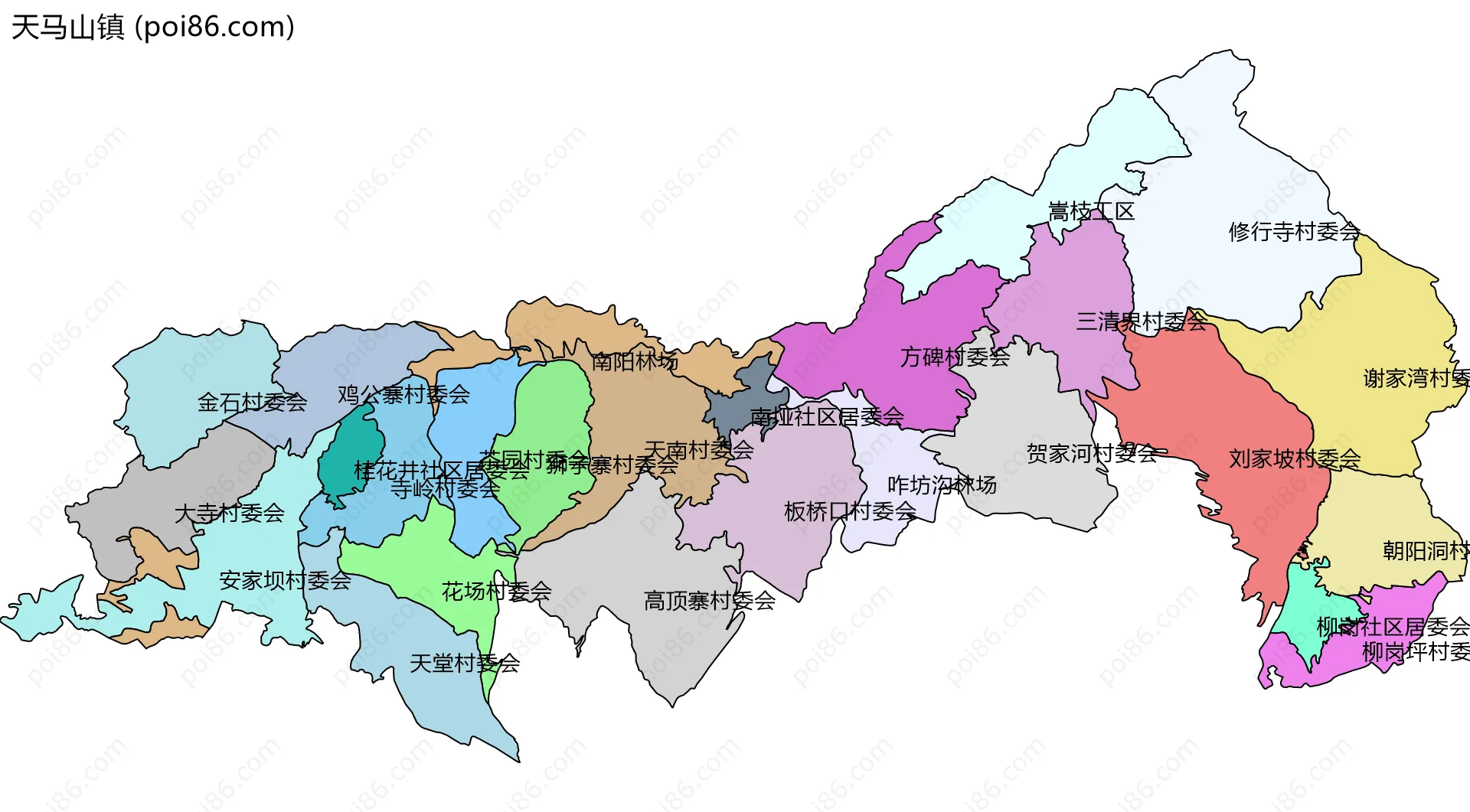 天马山镇边界地图(五级行政区划)