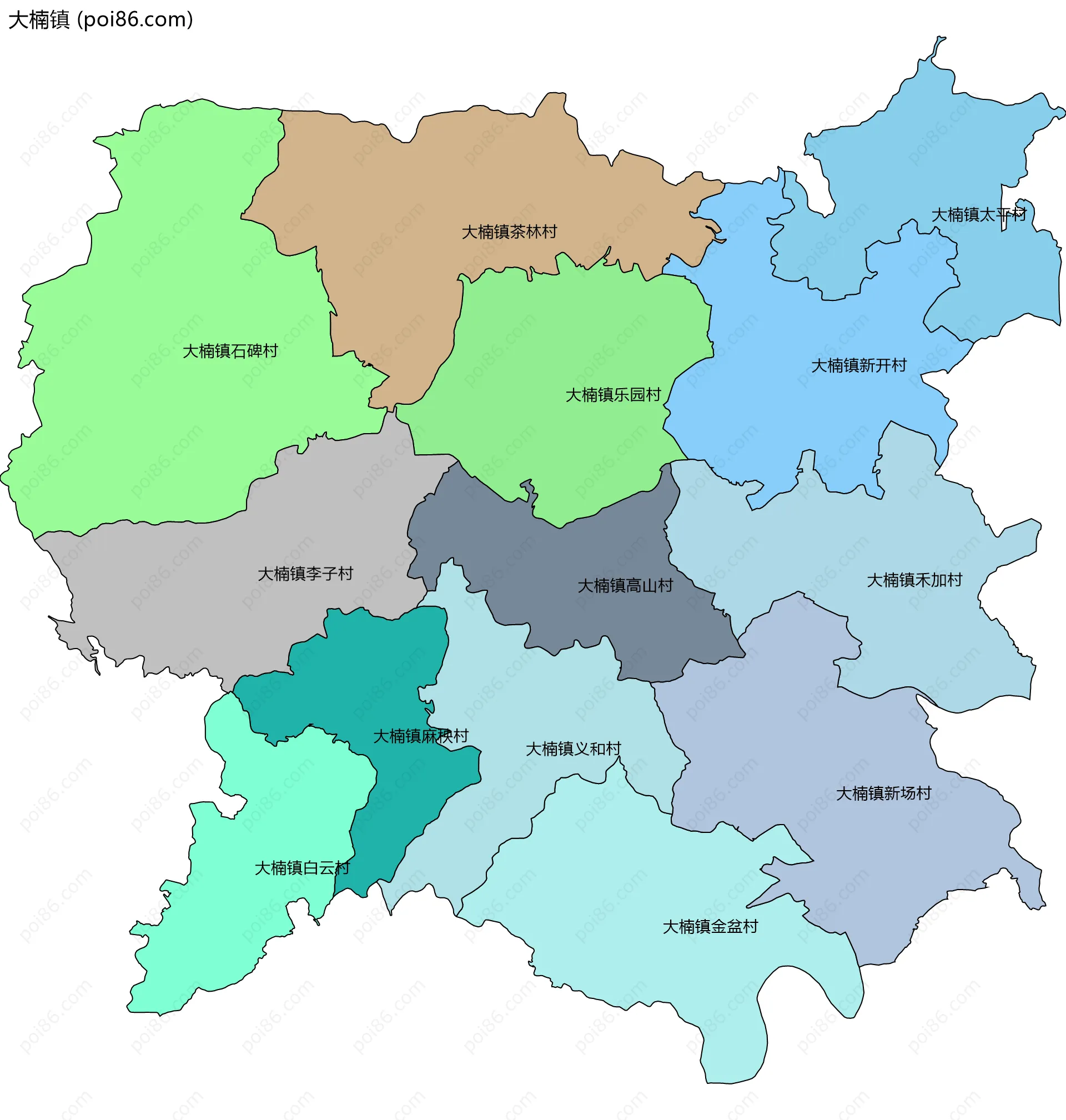 大楠镇边界地图(五级行政区划)