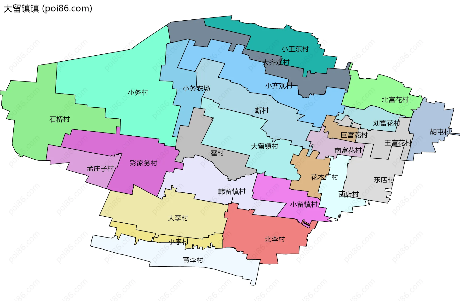 大留镇镇边界地图(五级行政区划)