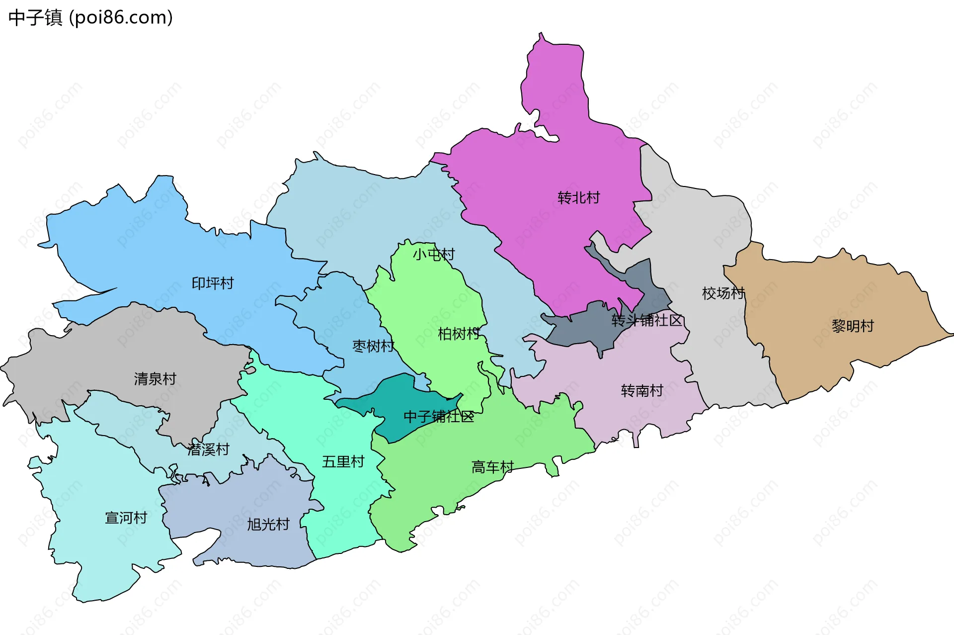 中子镇边界地图(五级行政区划)