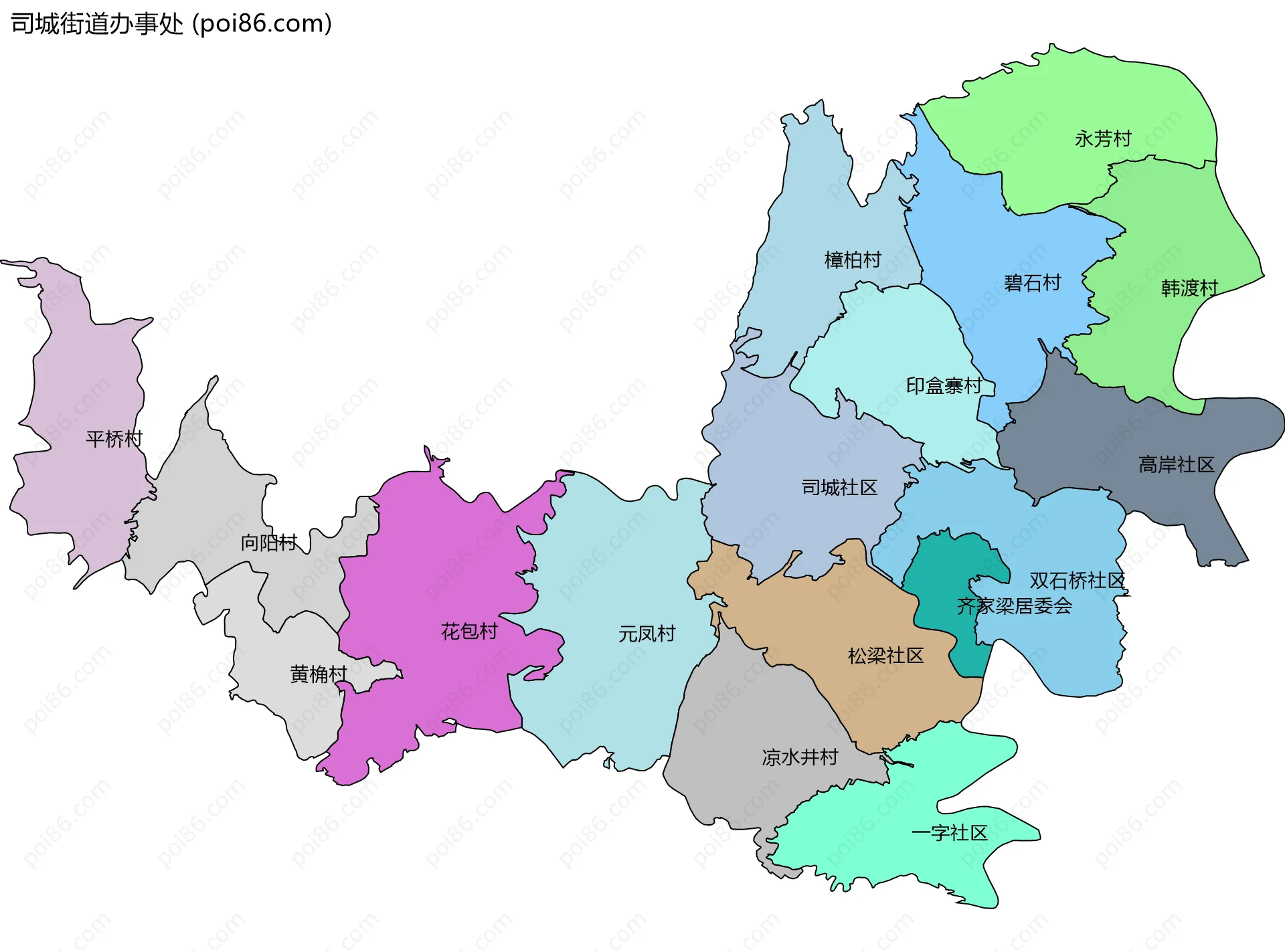 司城街道办事处边界地图(五级行政区划)
