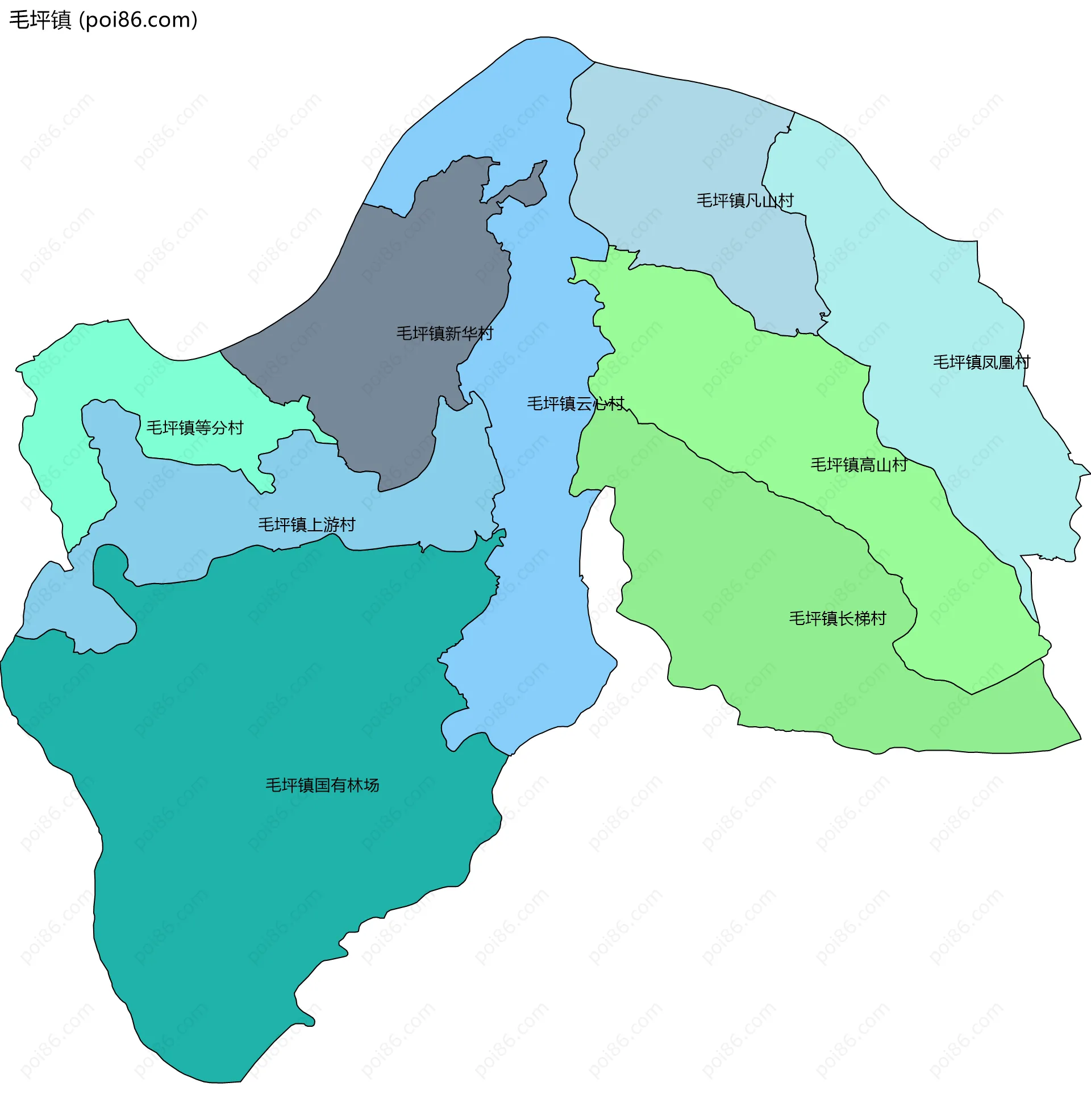 毛坪镇边界地图(五级行政区划)