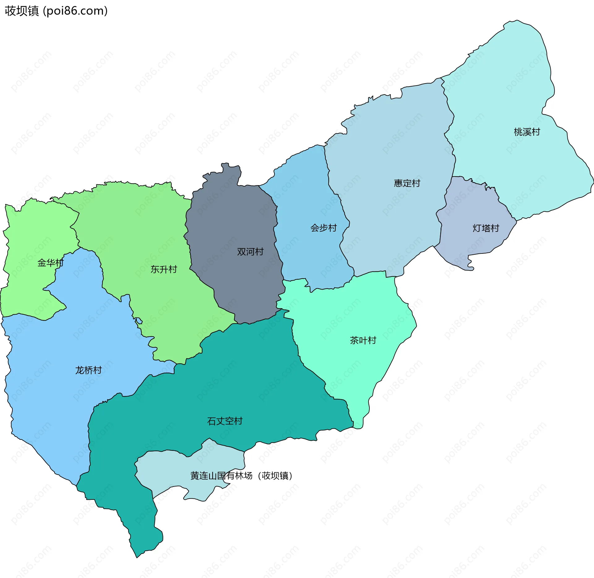 荍坝镇边界地图(五级行政区划)