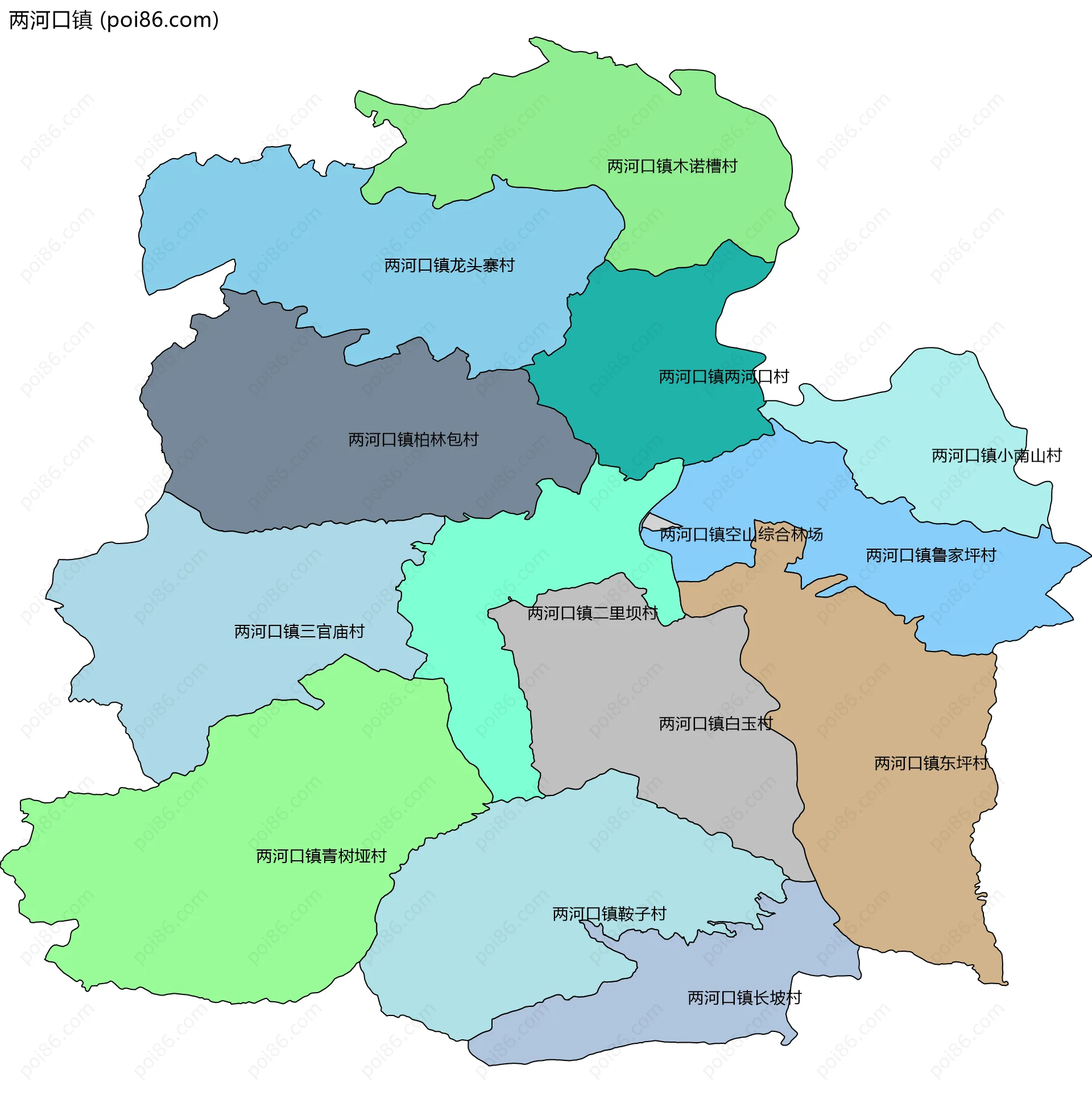 两河口镇边界地图(五级行政区划)