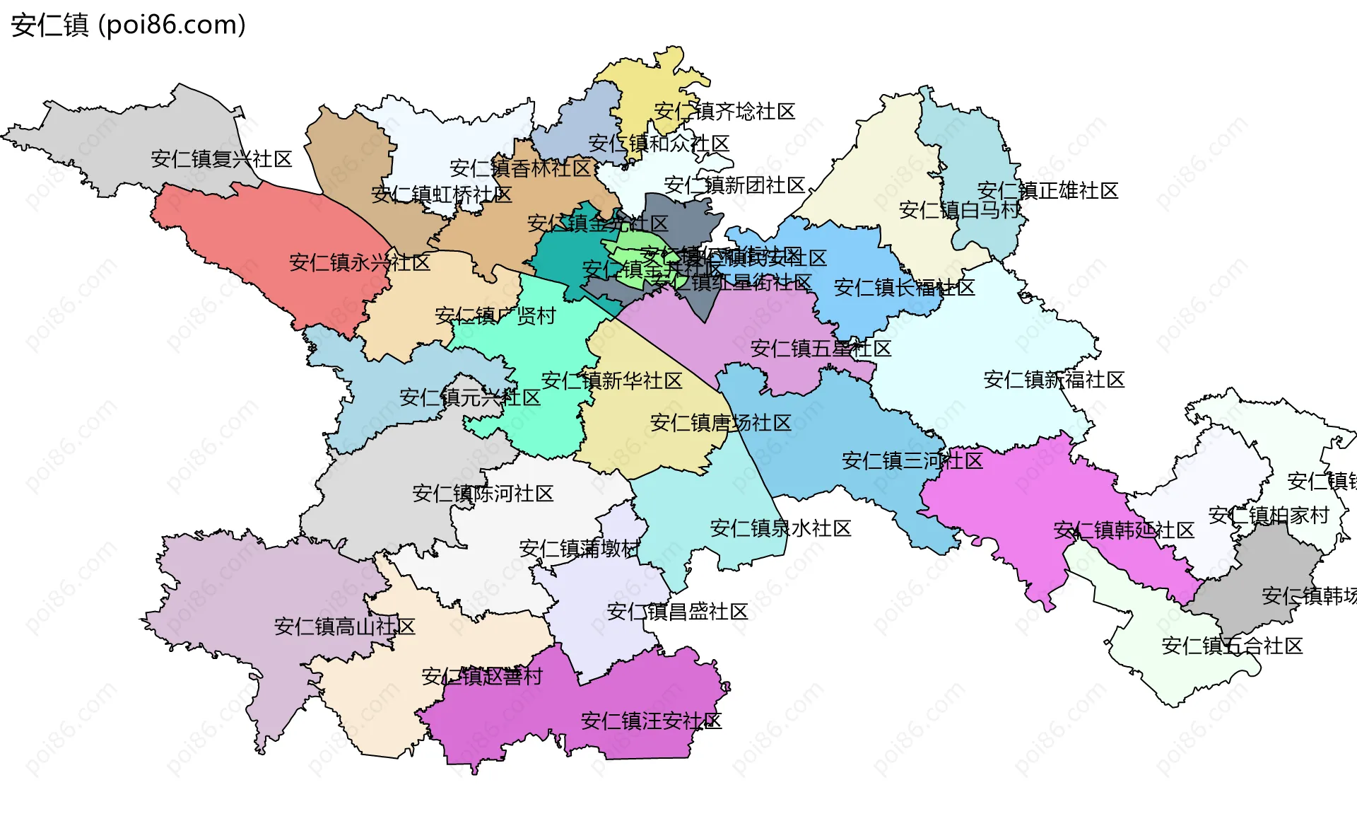 安仁镇边界地图(五级行政区划)