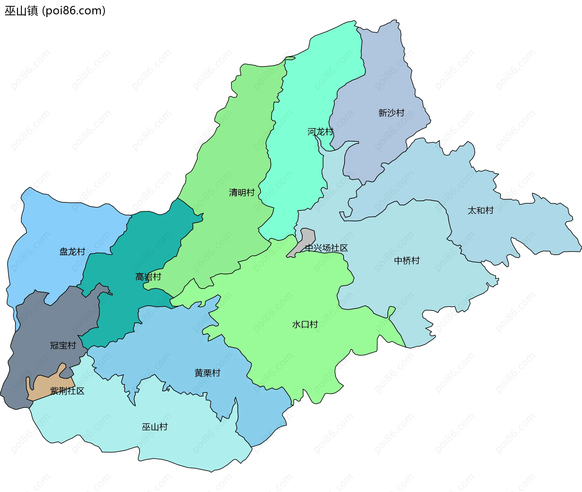 巫山镇边界地图(五级行政区划)