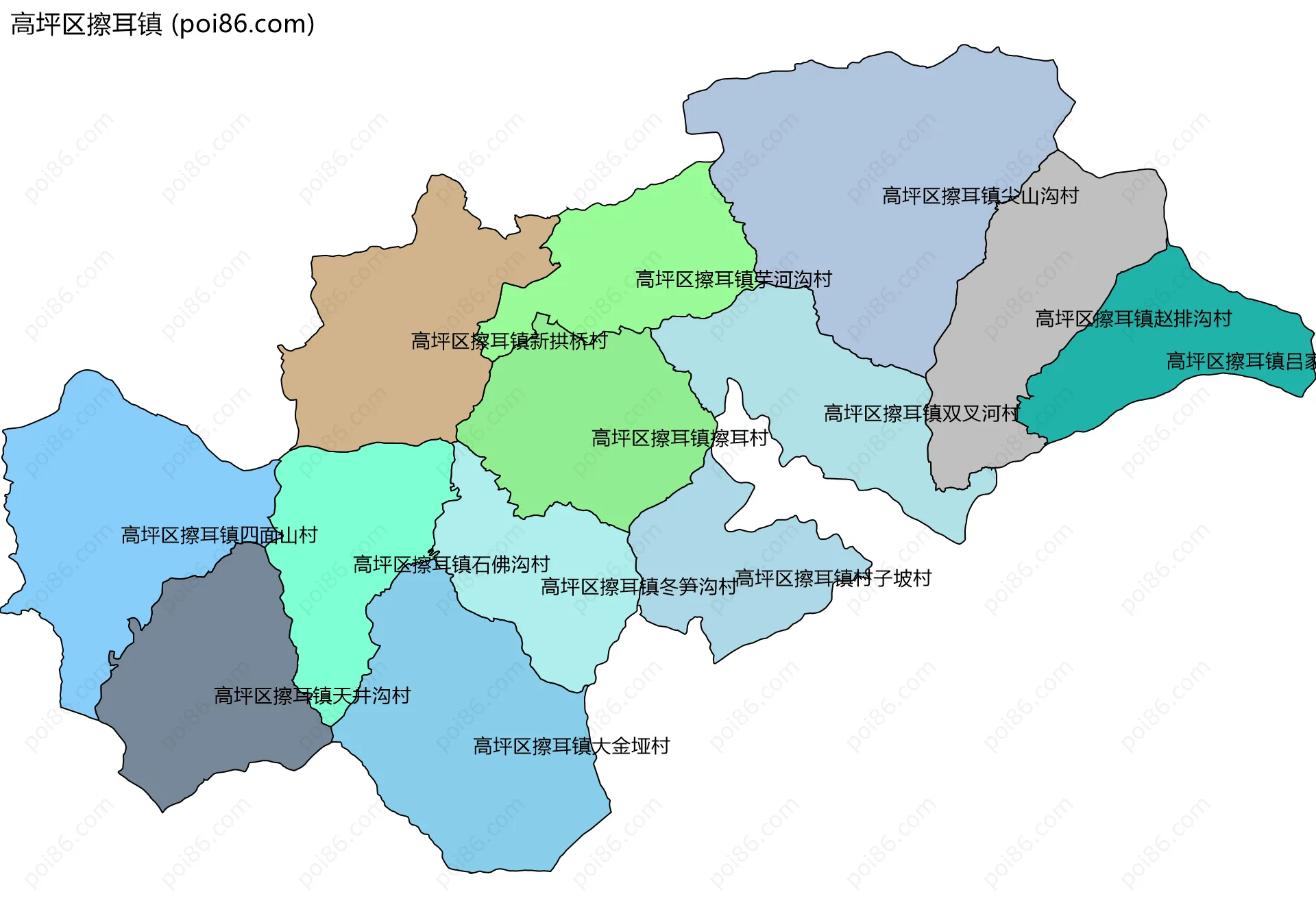 高坪区擦耳镇边界地图(五级行政区划)