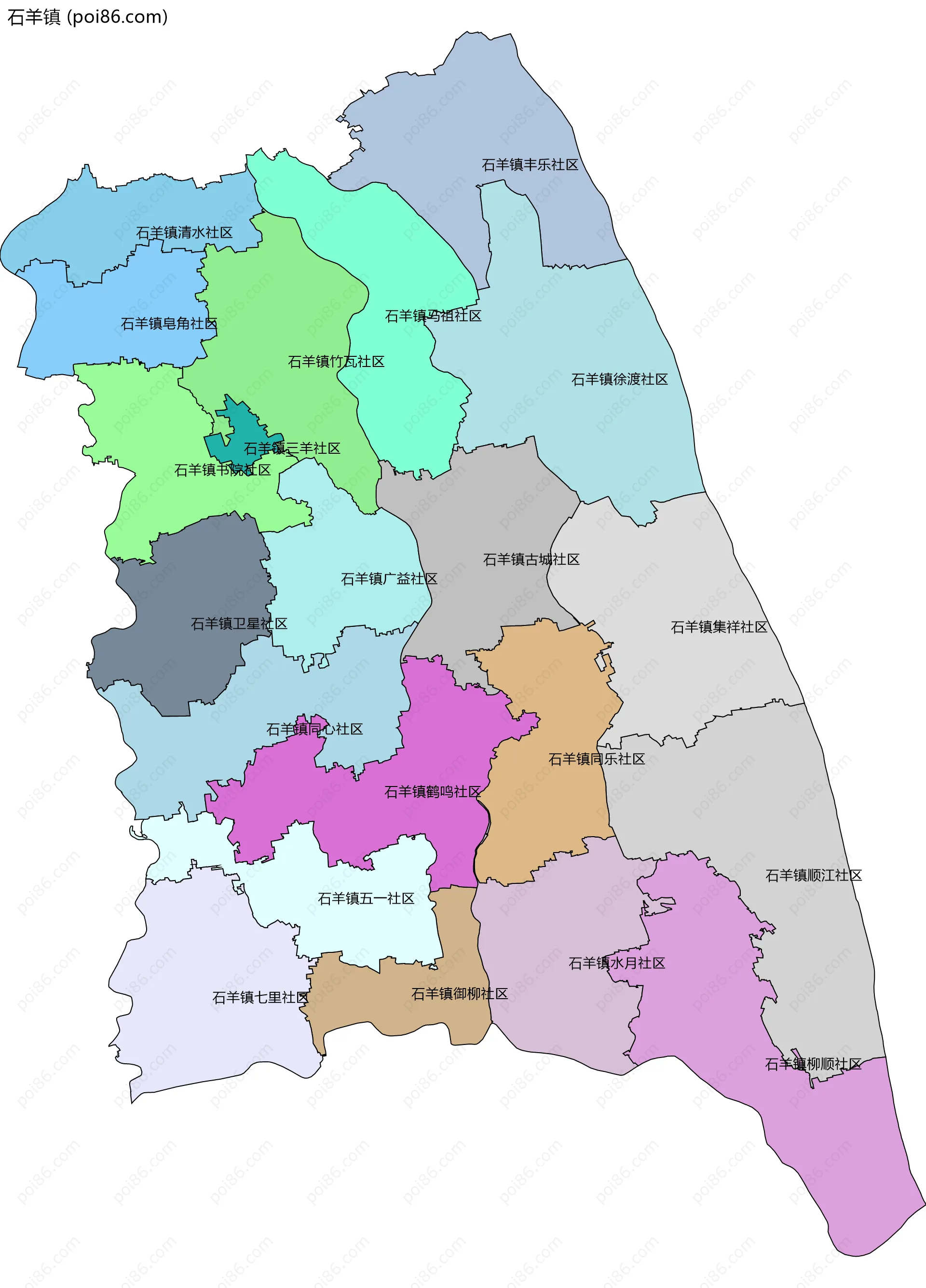 石羊镇边界地图(五级行政区划)