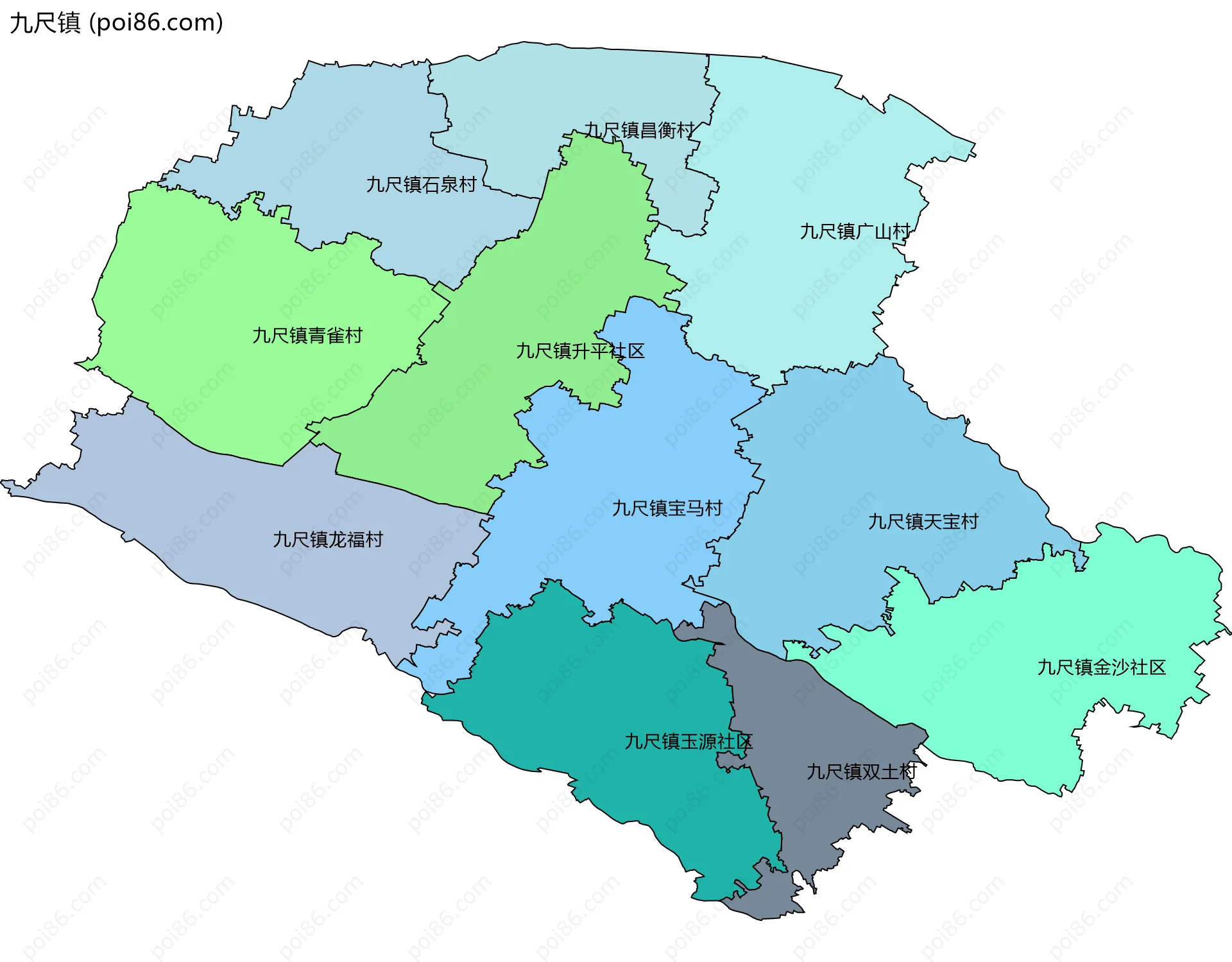 九尺镇边界地图(五级行政区划)