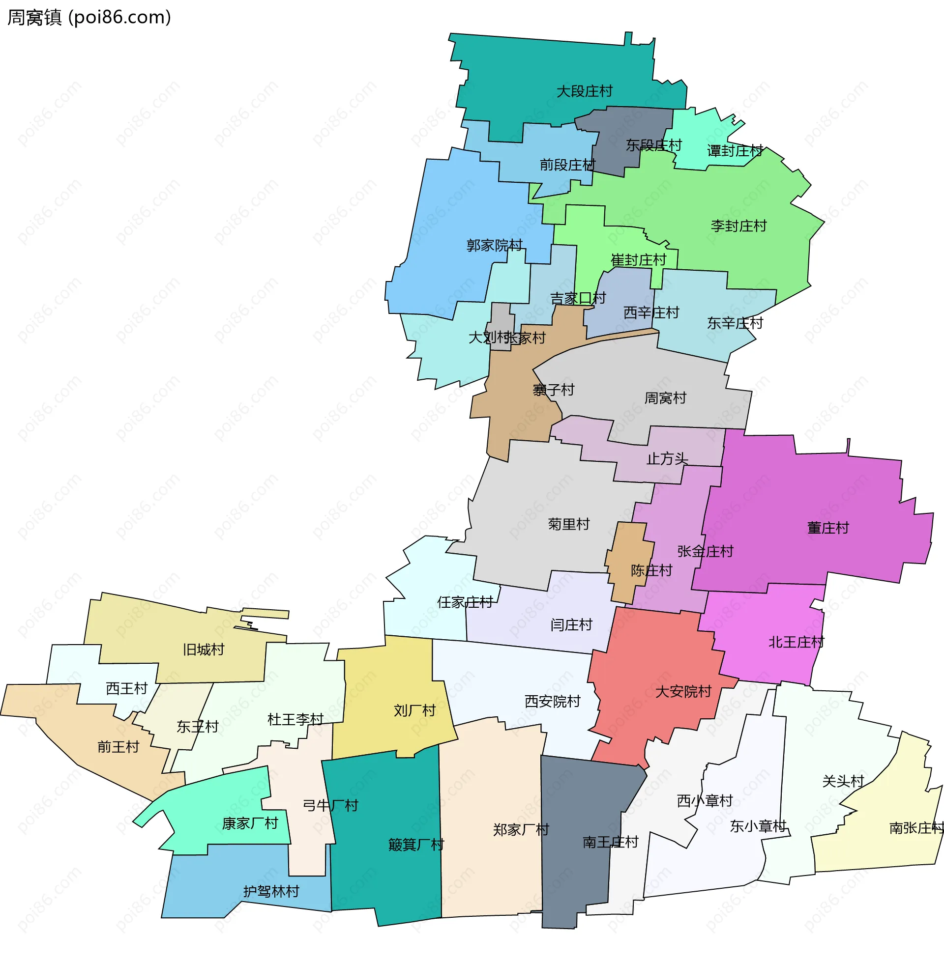 周窝镇边界地图(五级行政区划)