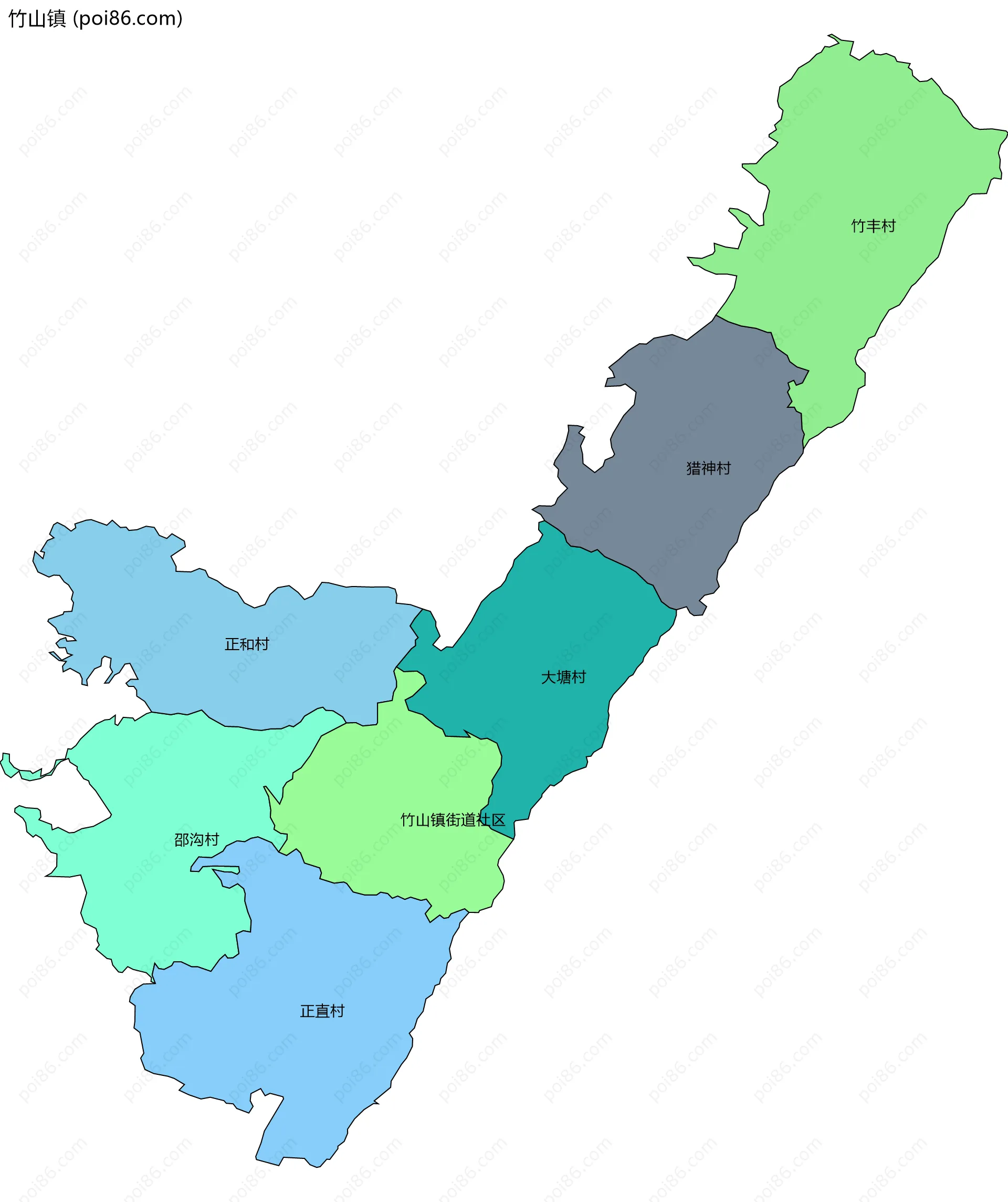 竹山镇边界地图(五级行政区划)