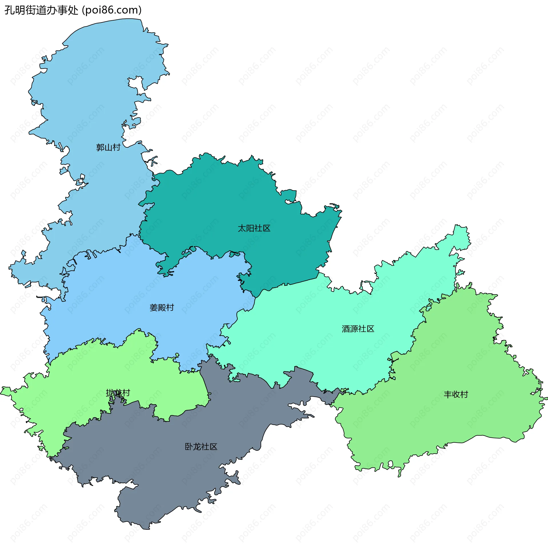 孔明街道办事处边界地图(五级行政区划)