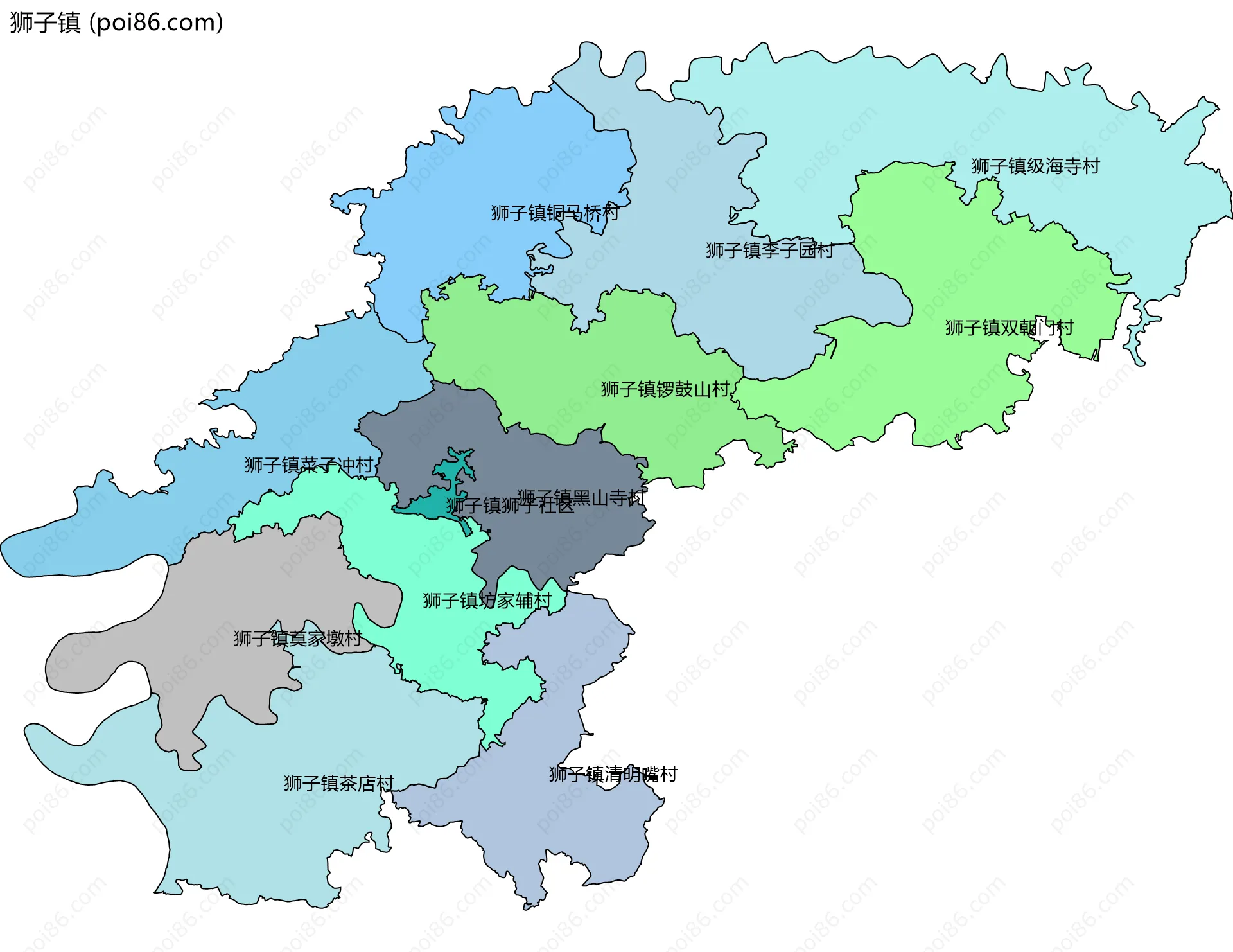 狮子镇边界地图(五级行政区划)