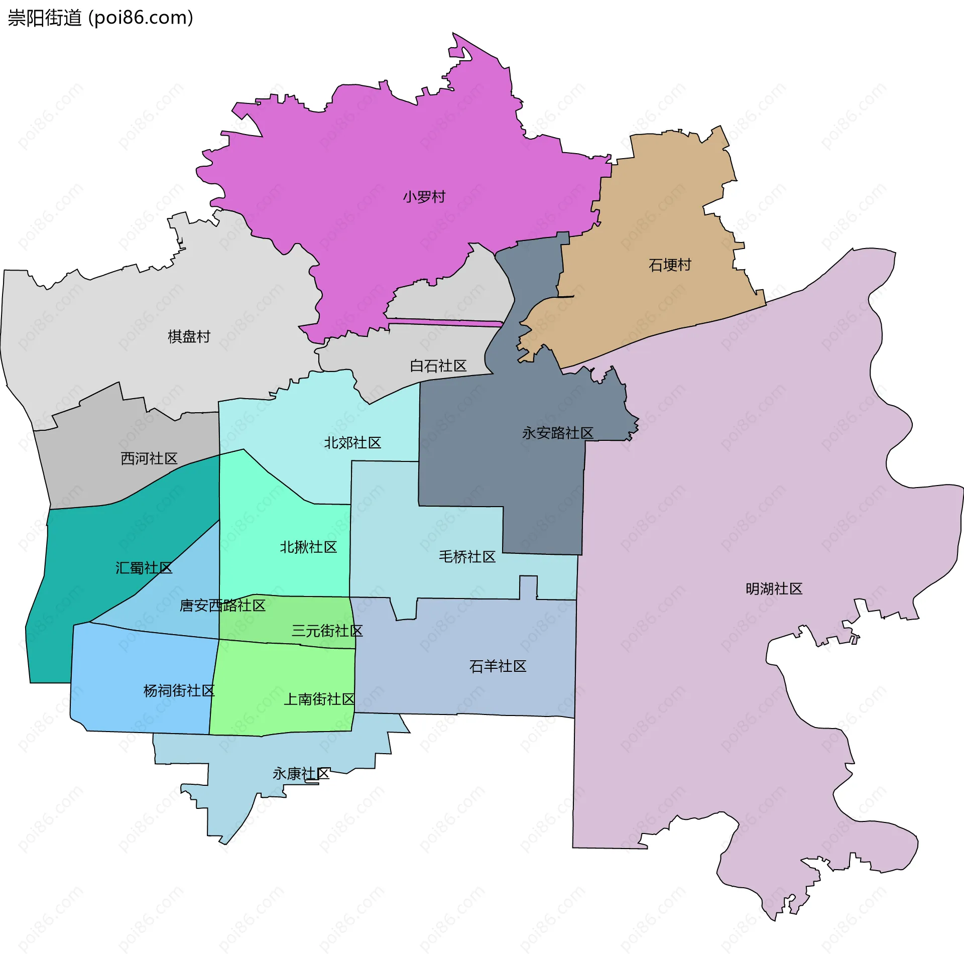 崇阳街道边界地图(五级行政区划)