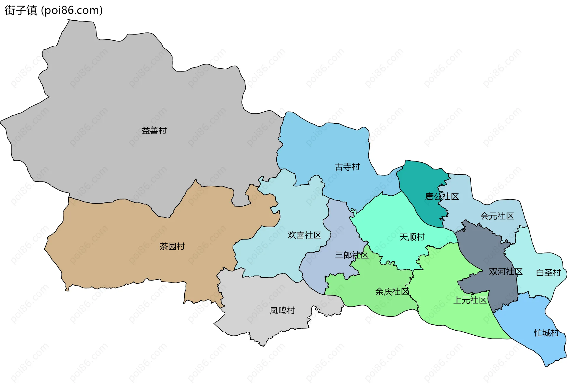 街子镇边界地图(五级行政区划)