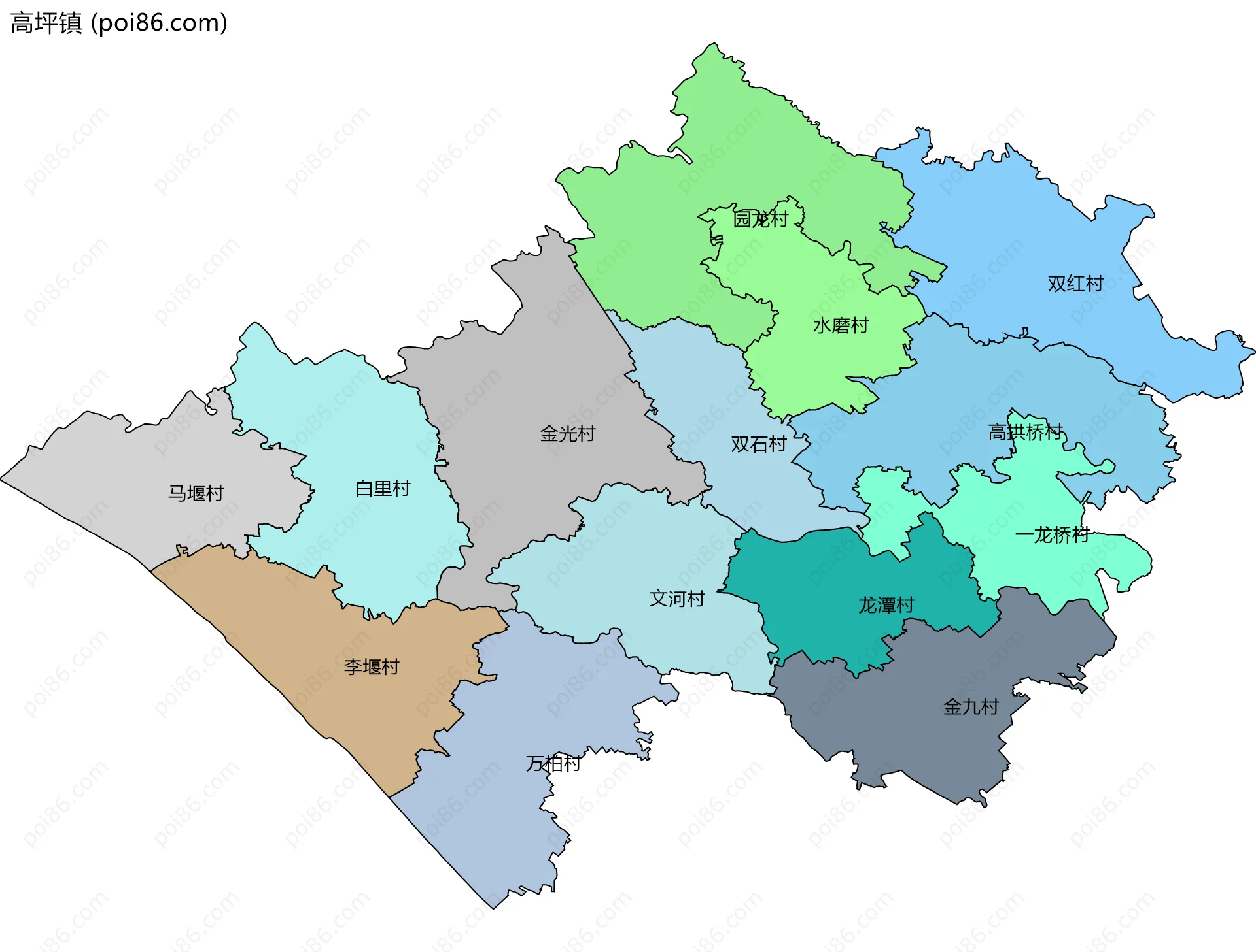 高坪镇边界地图(五级行政区划)