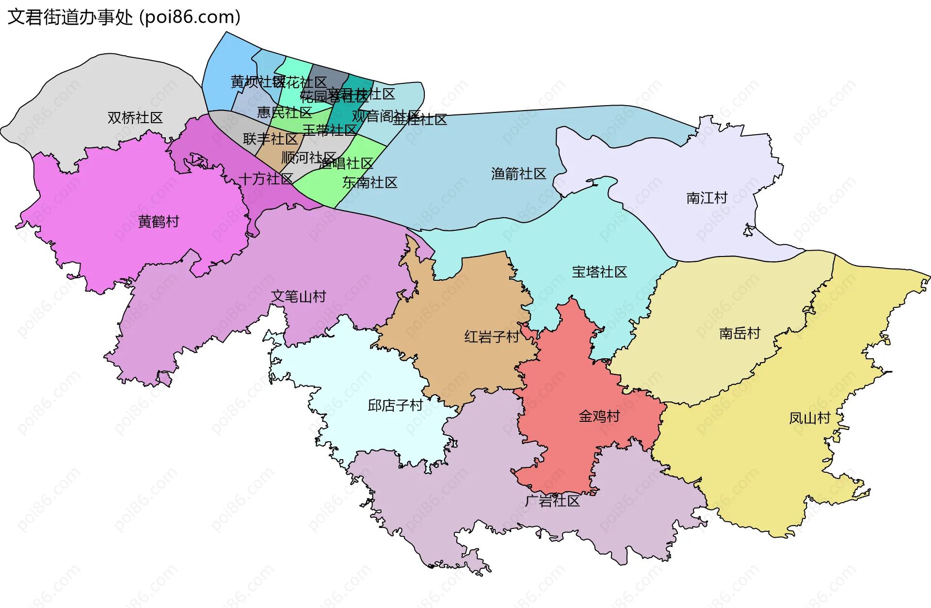 文君街道办事处边界地图(五级行政区划)