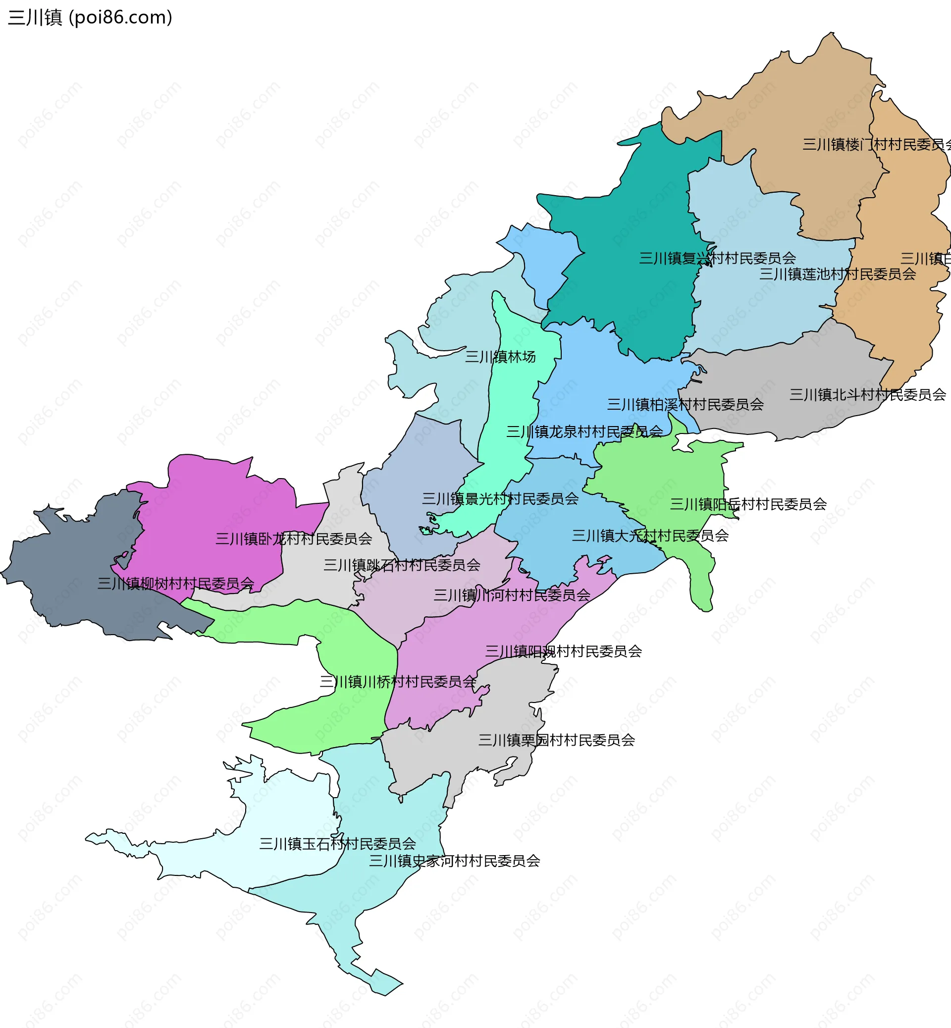 三川镇边界地图(五级行政区划)