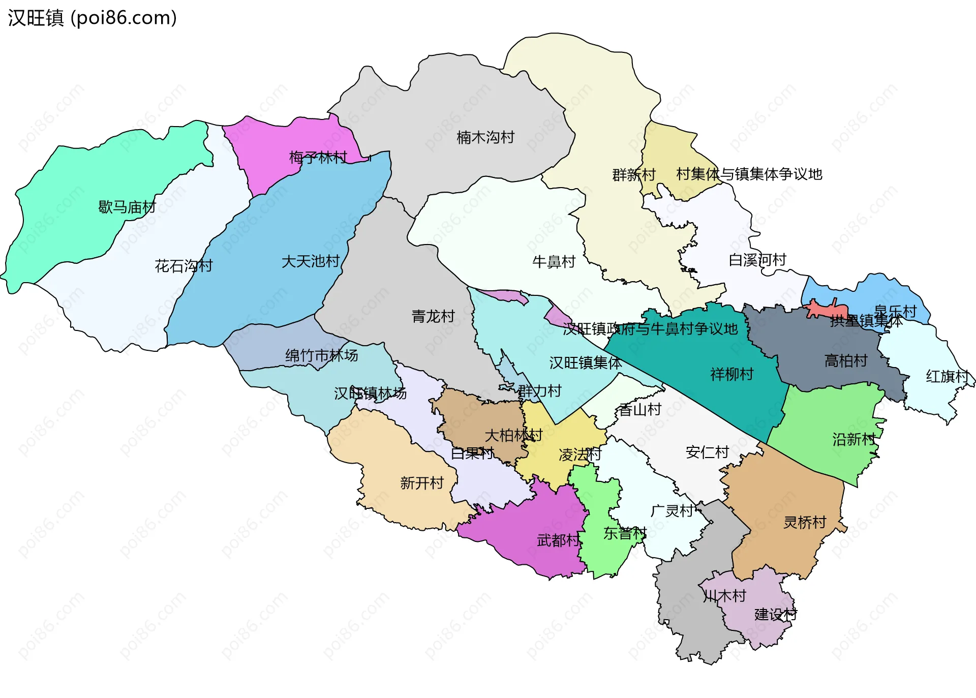 汉旺镇边界地图(五级行政区划)