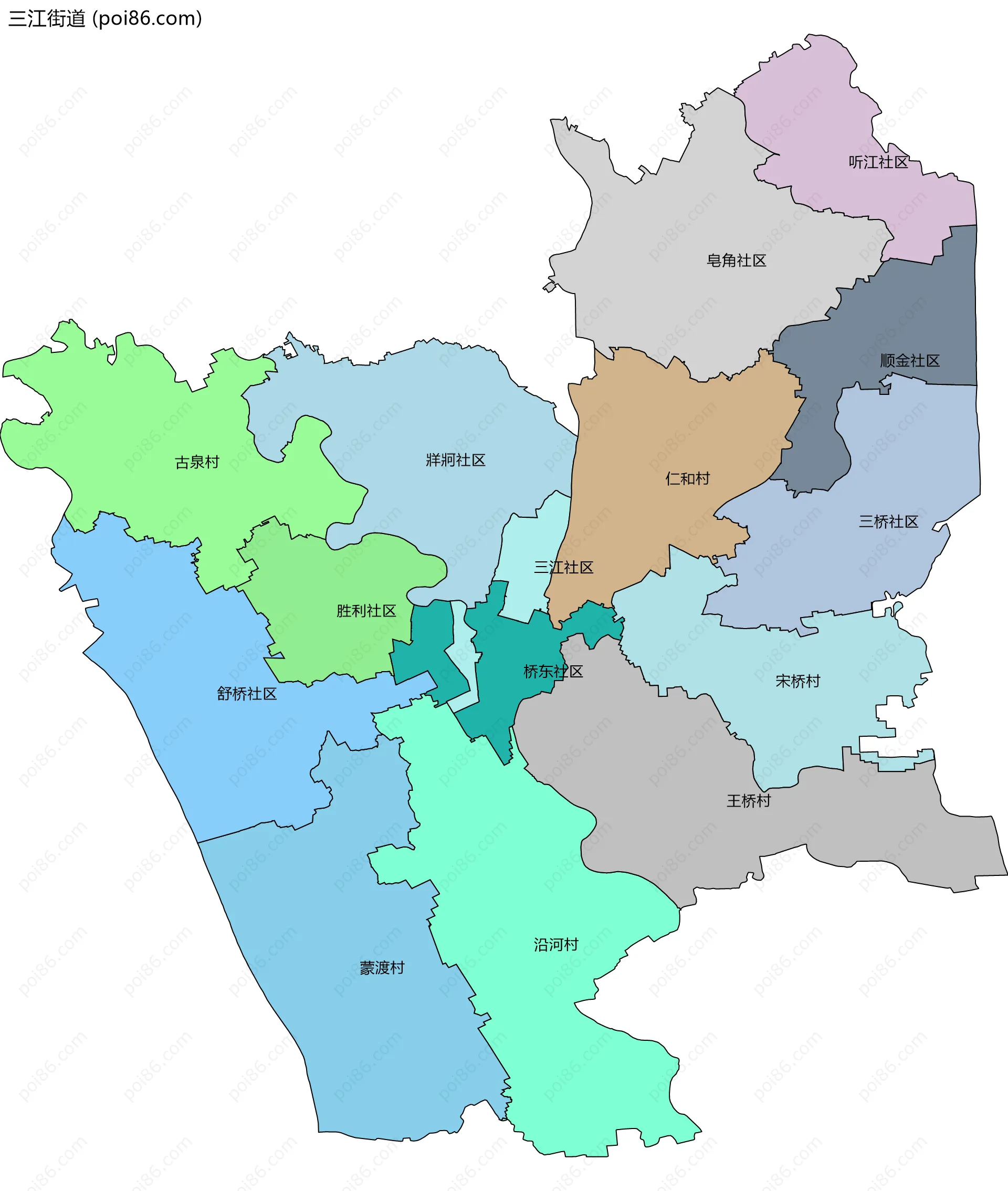 三江街道边界地图(五级行政区划)