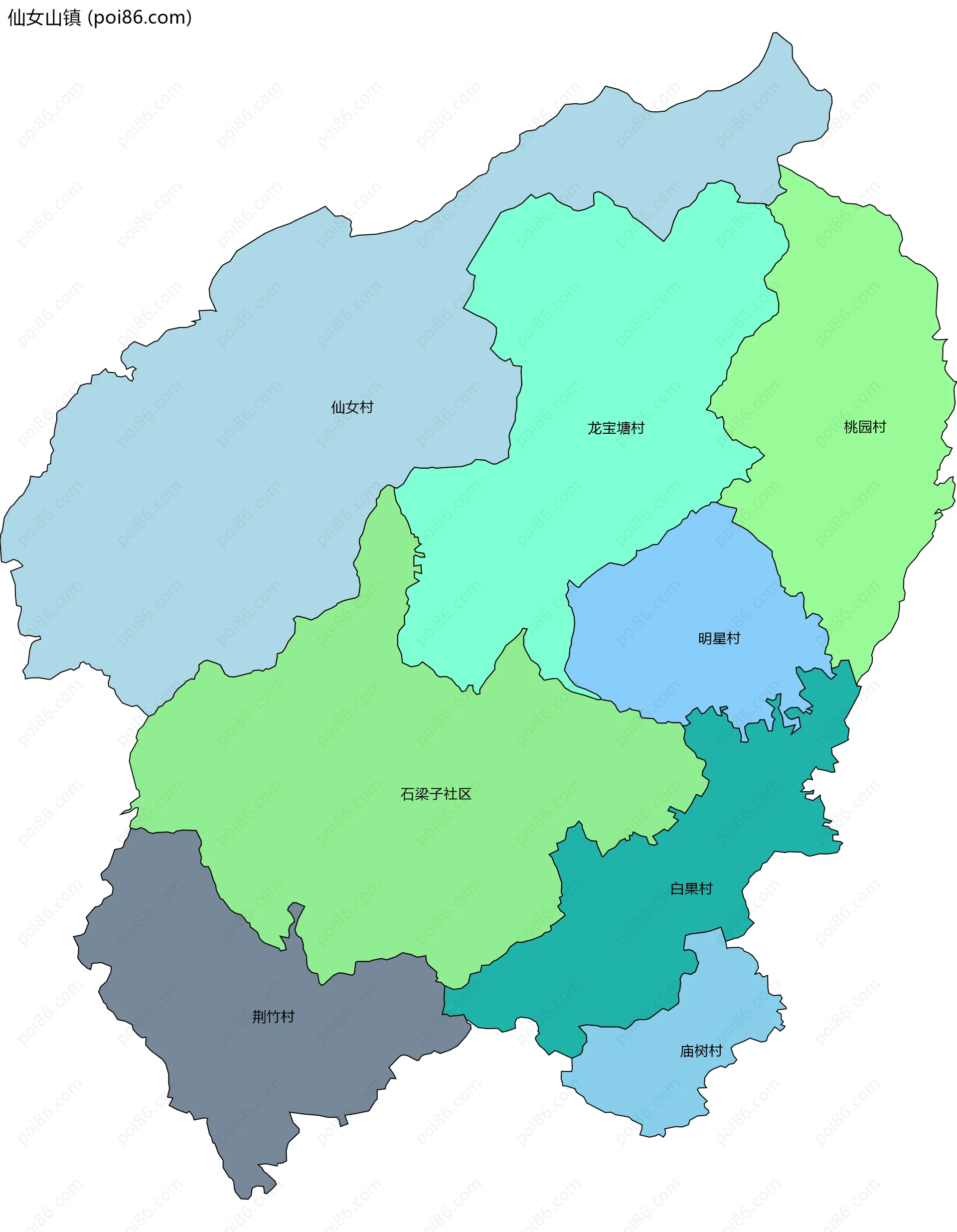 仙女山镇边界地图(五级行政区划)