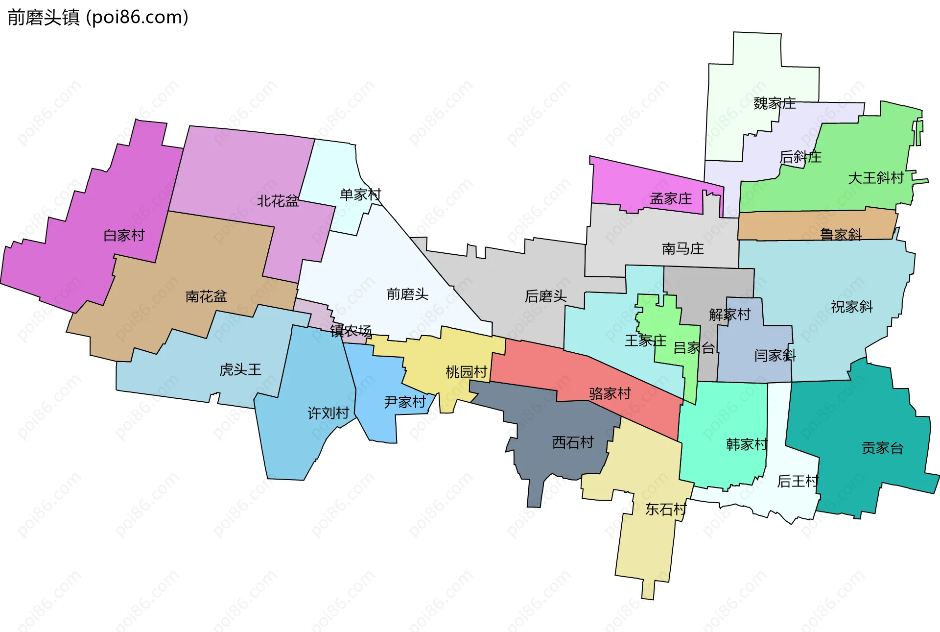 前磨头镇边界地图(五级行政区划)