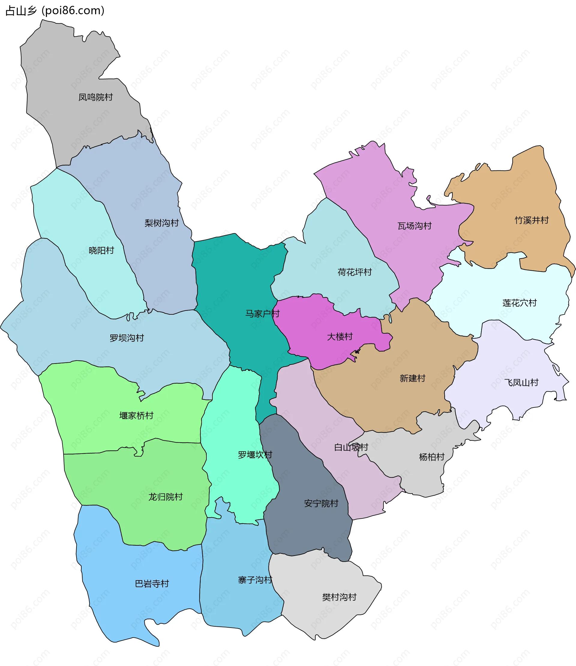 占山乡边界地图(五级行政区划)