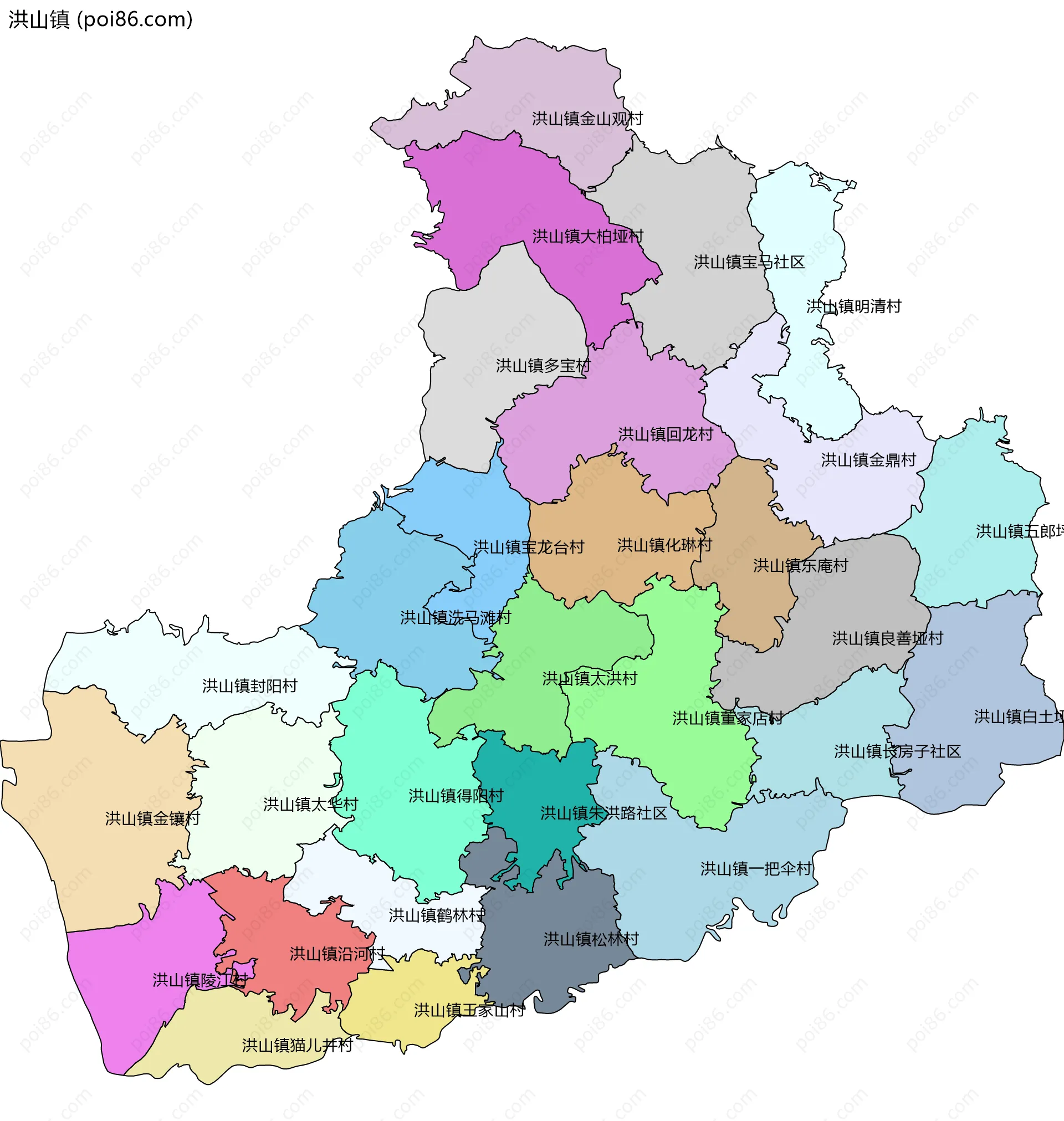 洪山镇边界地图(五级行政区划)