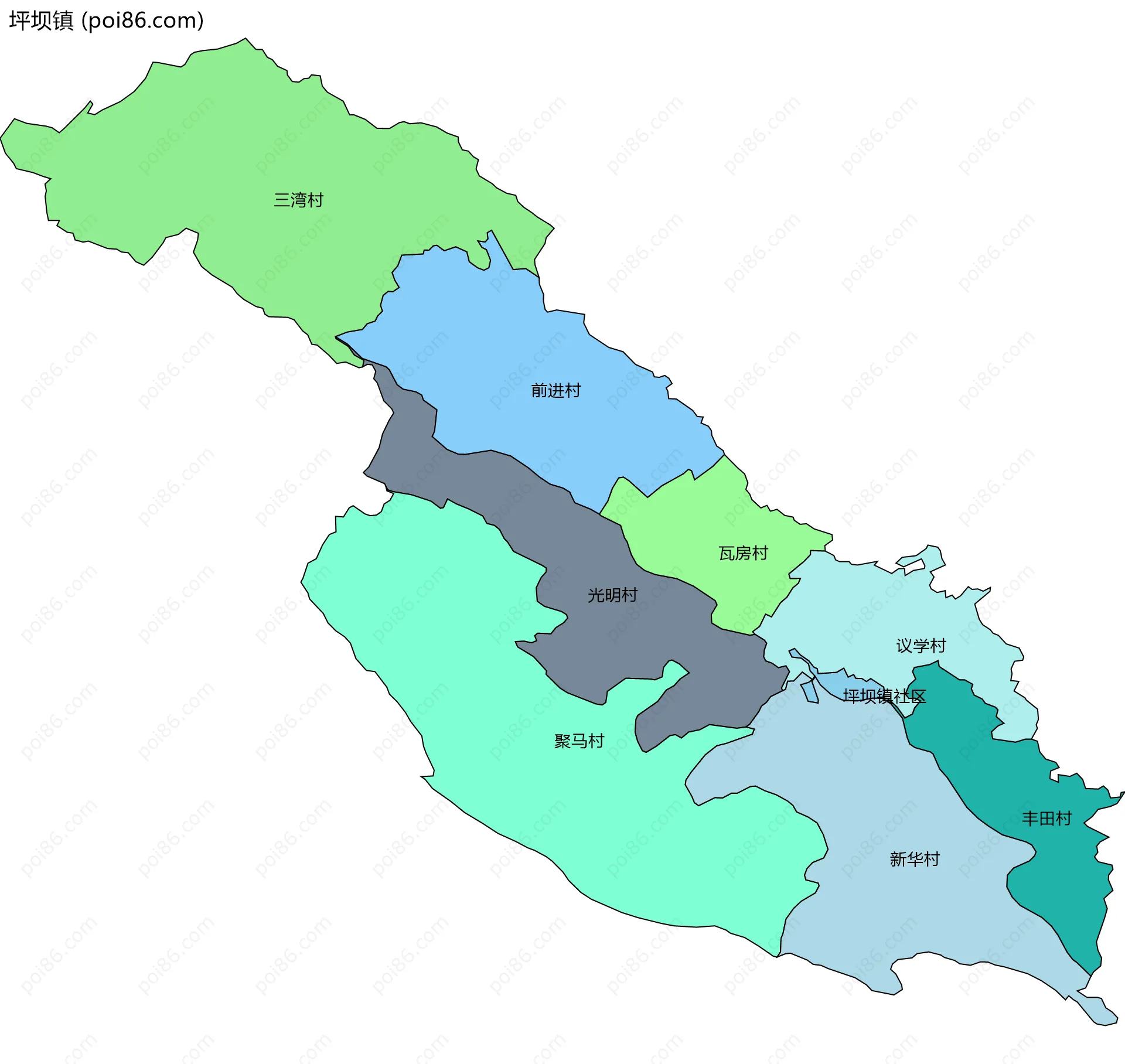 坪坝镇边界地图(五级行政区划)