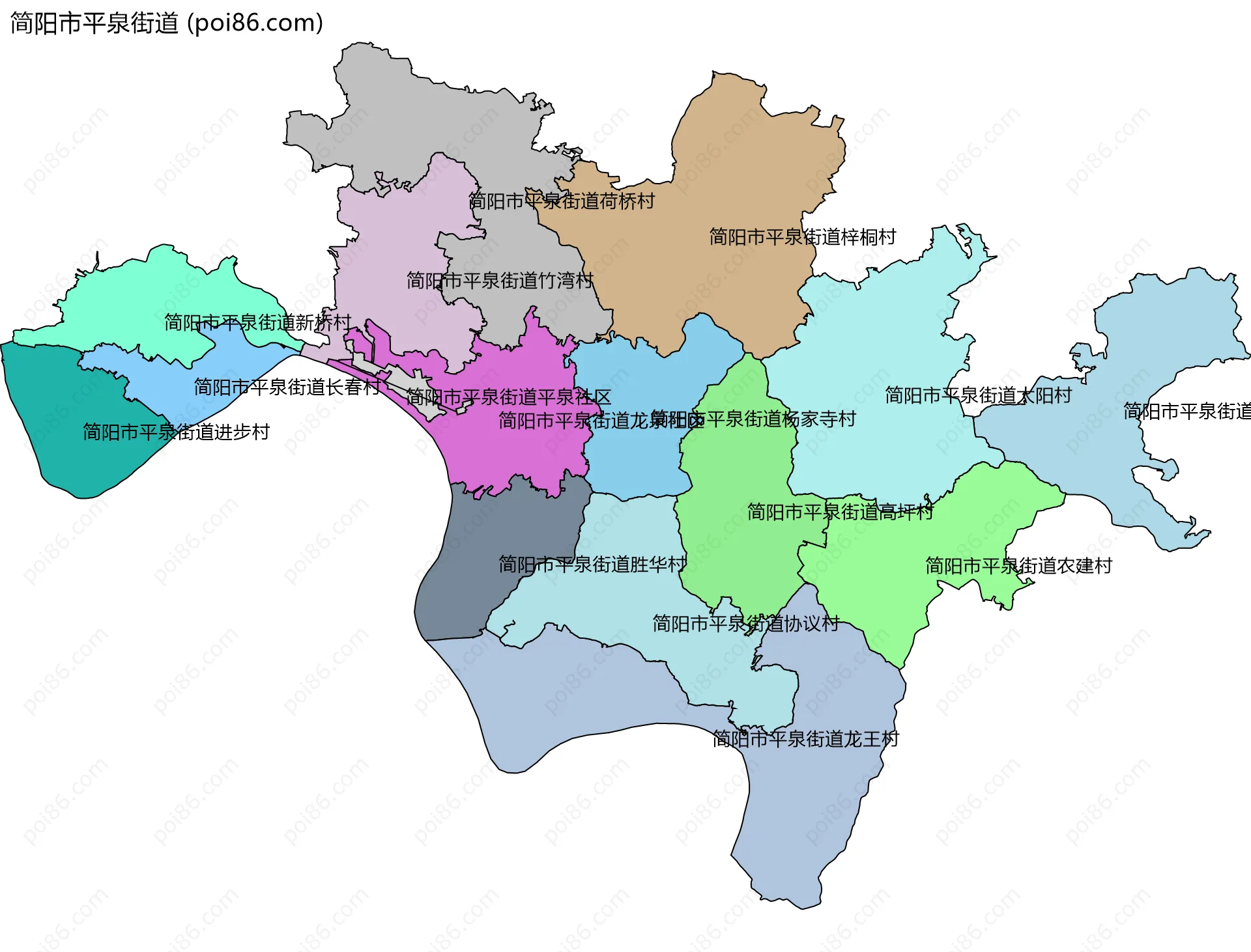 简阳市平泉街道边界地图(五级行政区划)