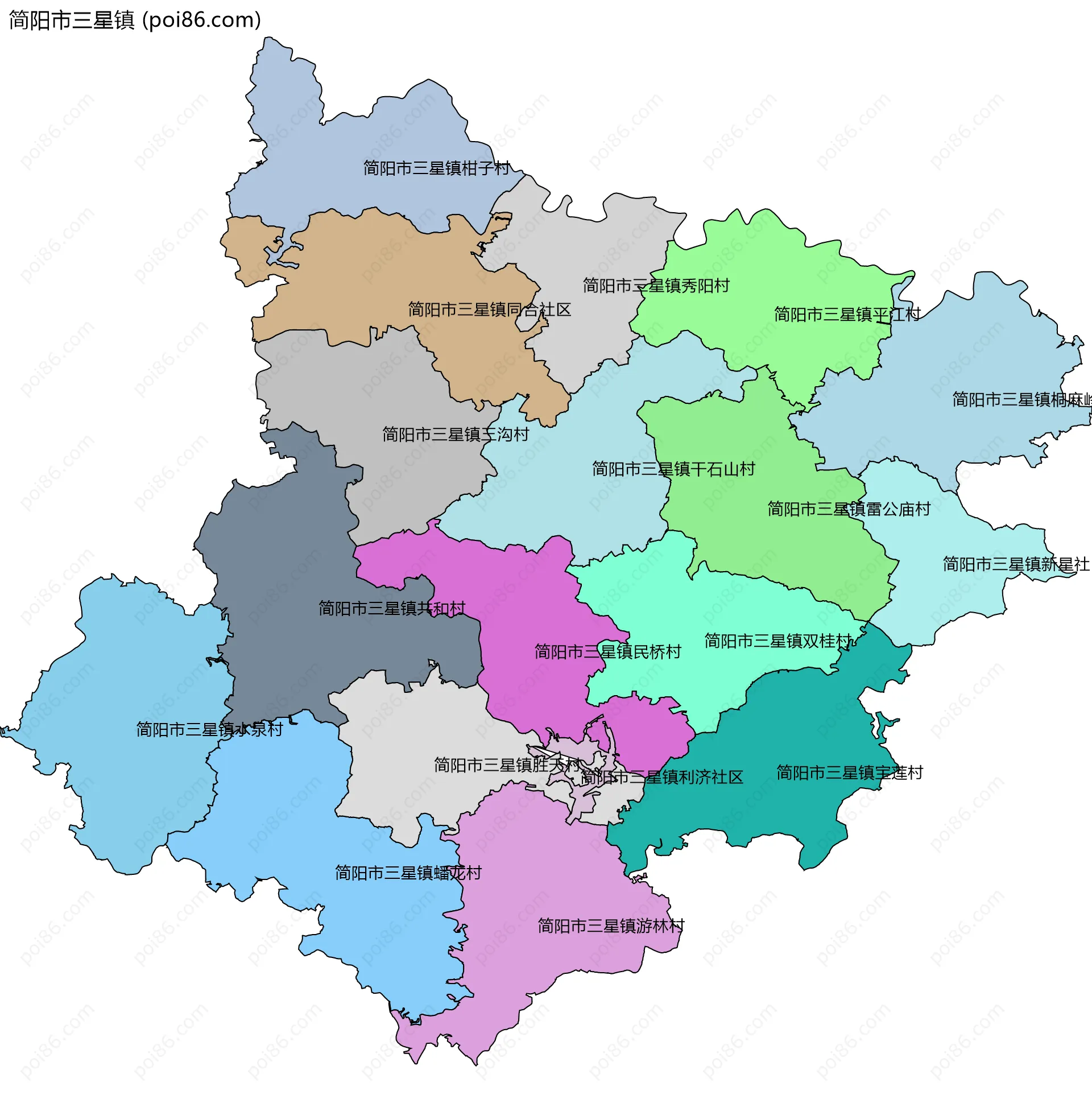 简阳市三星镇边界地图(五级行政区划)