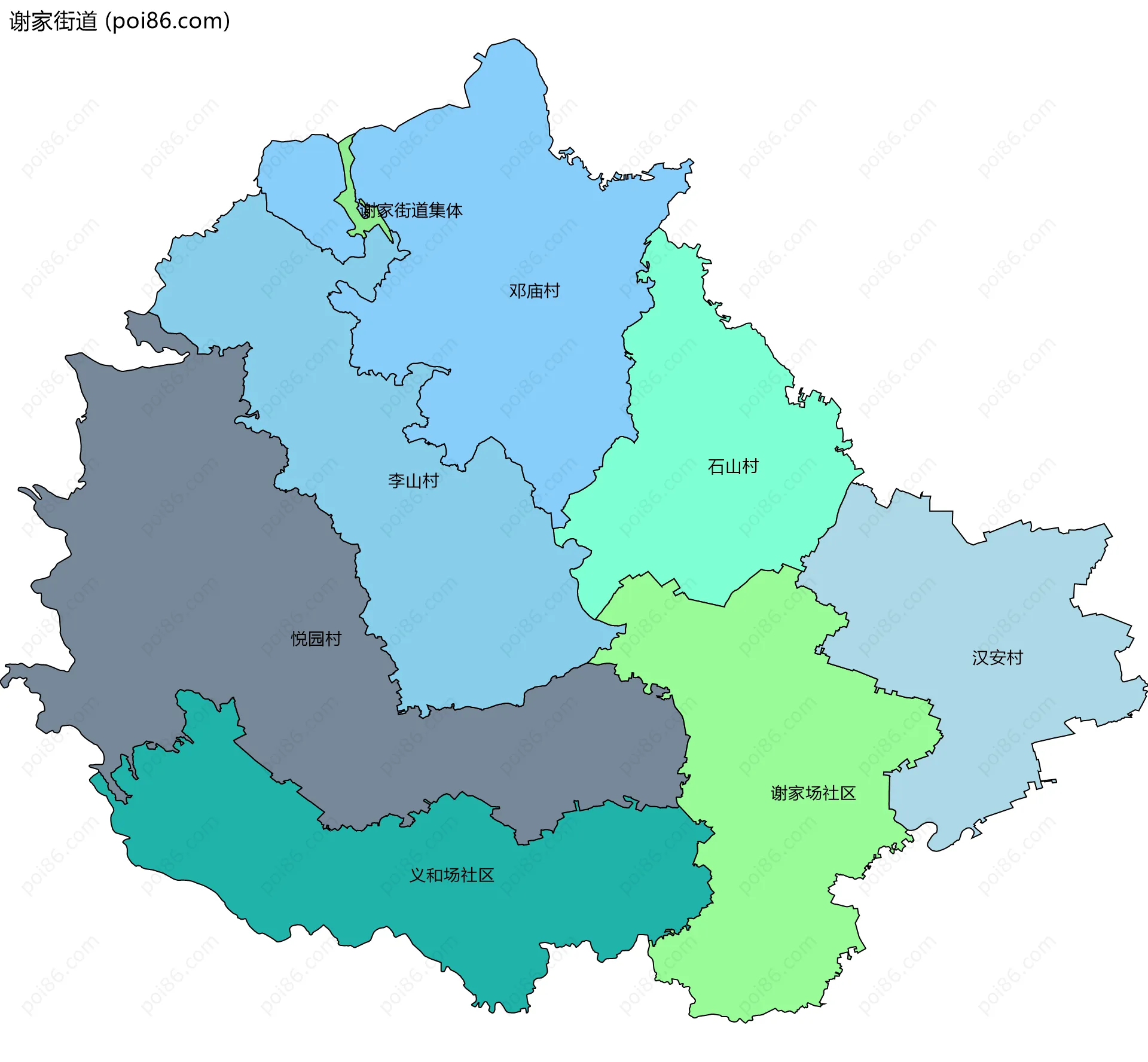 谢家街道边界地图(五级行政区划)