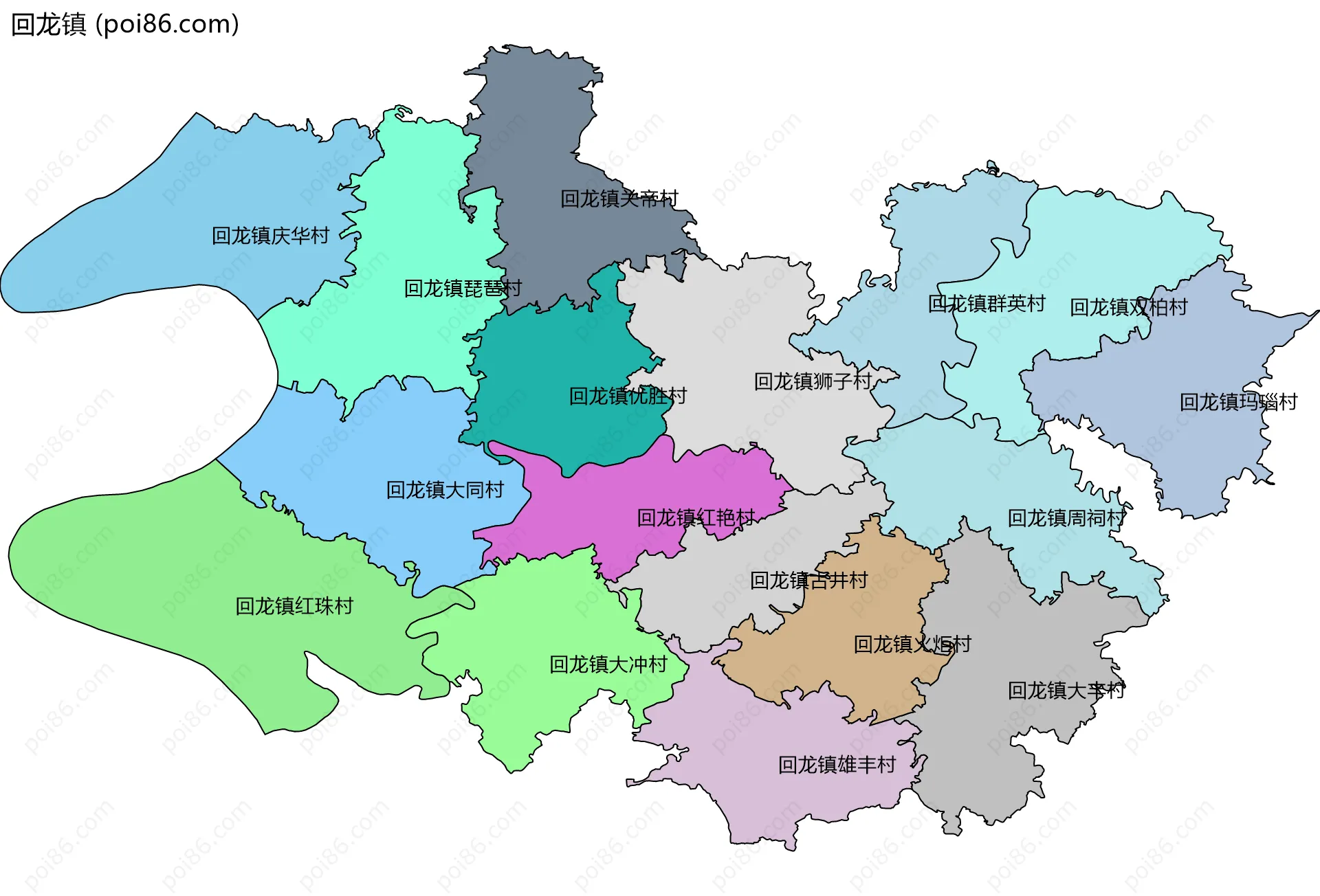 回龙镇边界地图(五级行政区划)
