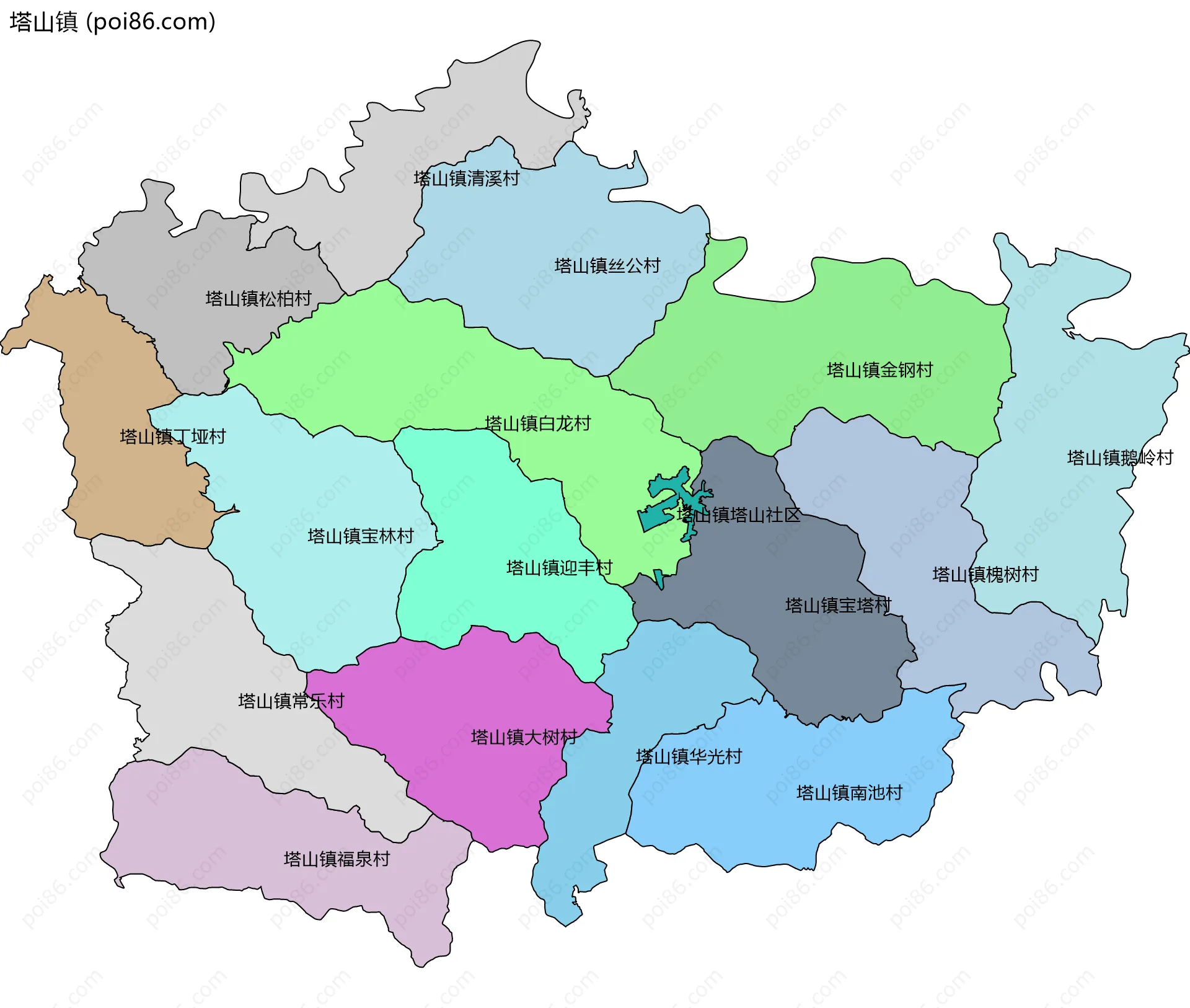 塔山镇边界地图(五级行政区划)