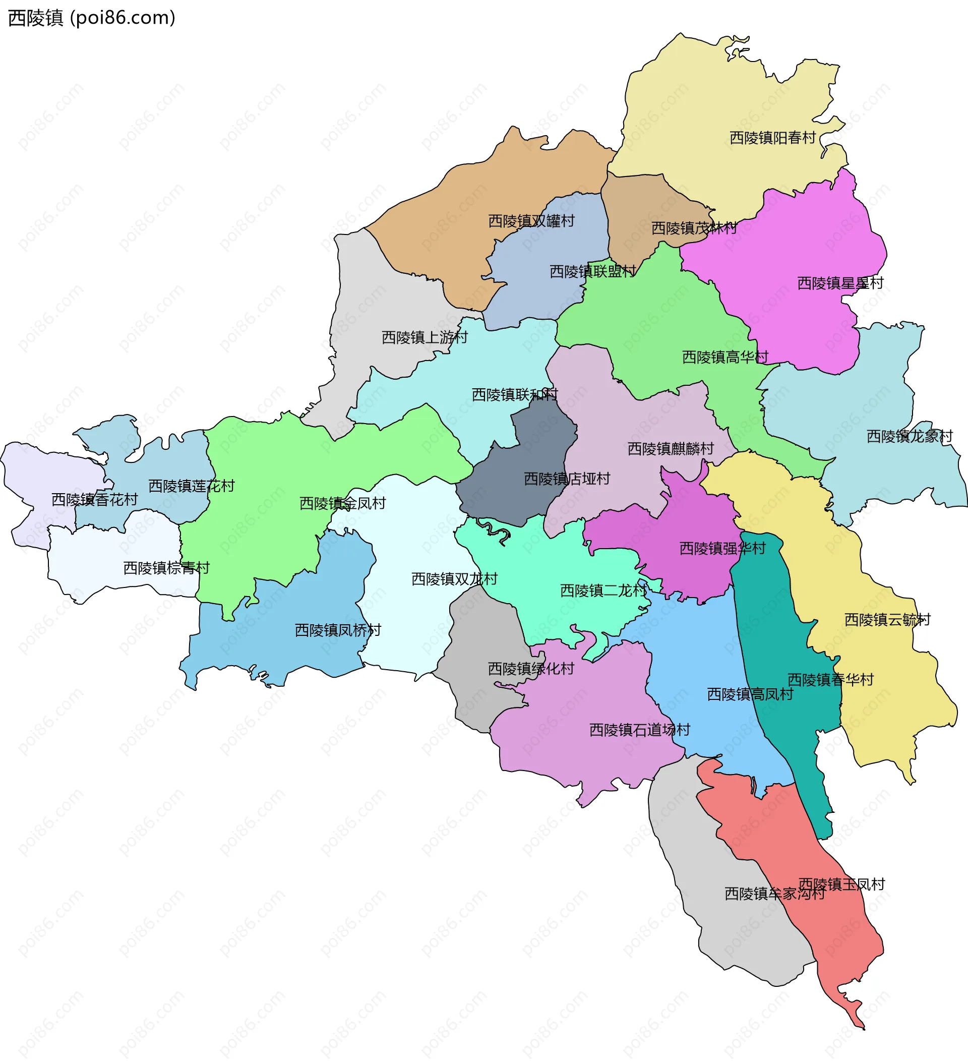 西陵镇边界地图(五级行政区划)