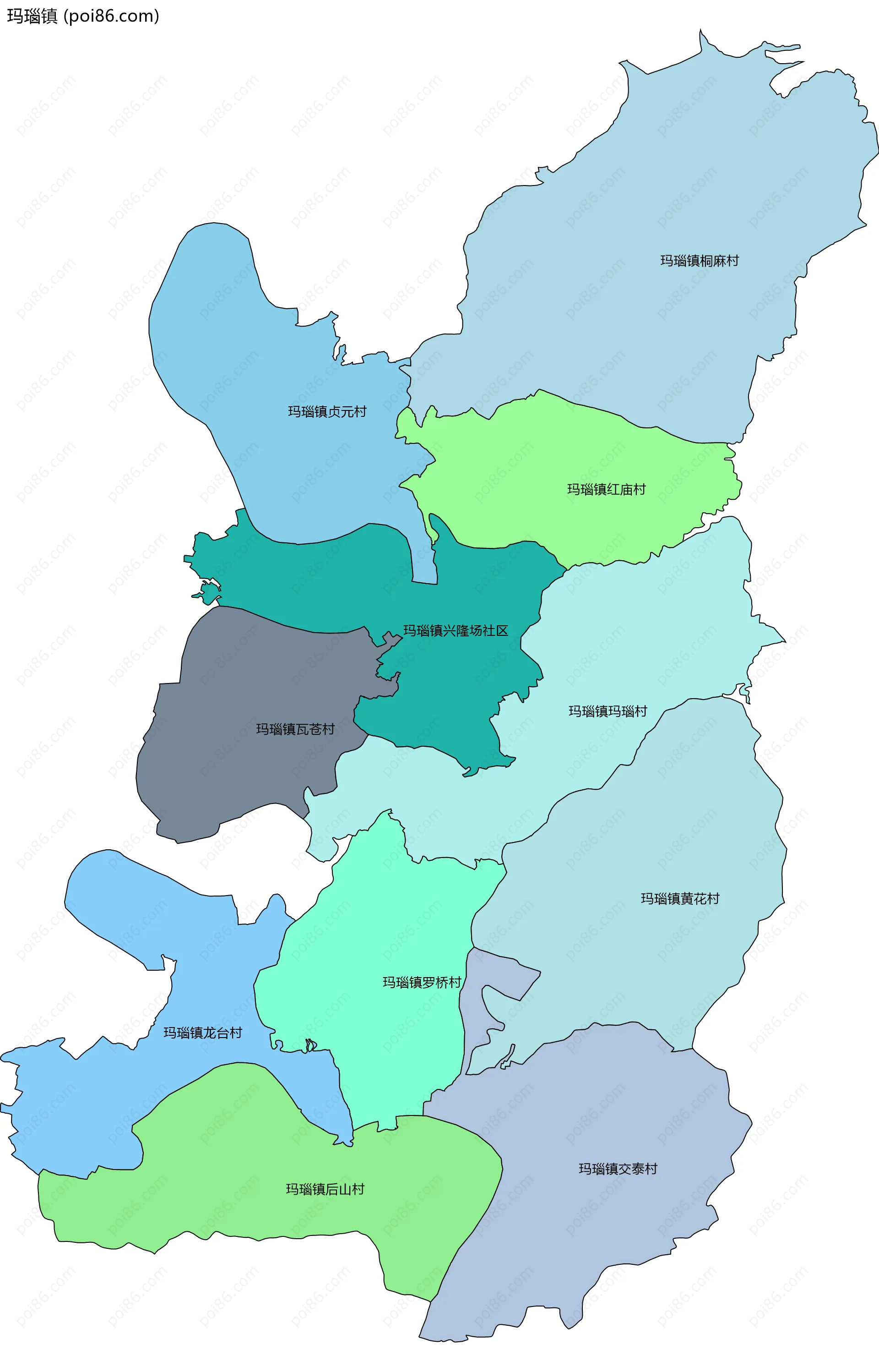 玛瑙镇边界地图(五级行政区划)