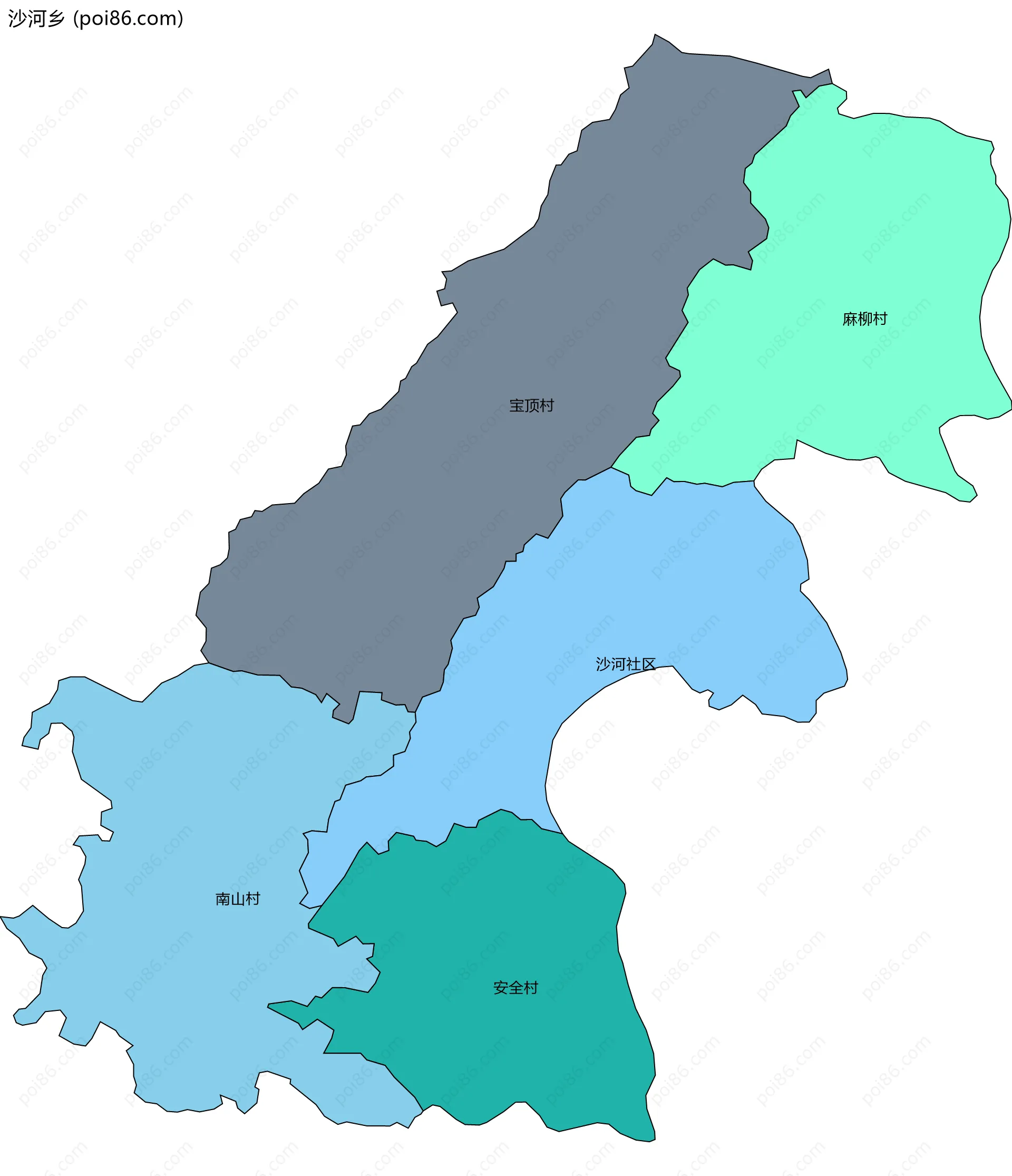 沙河乡边界地图(五级行政区划)