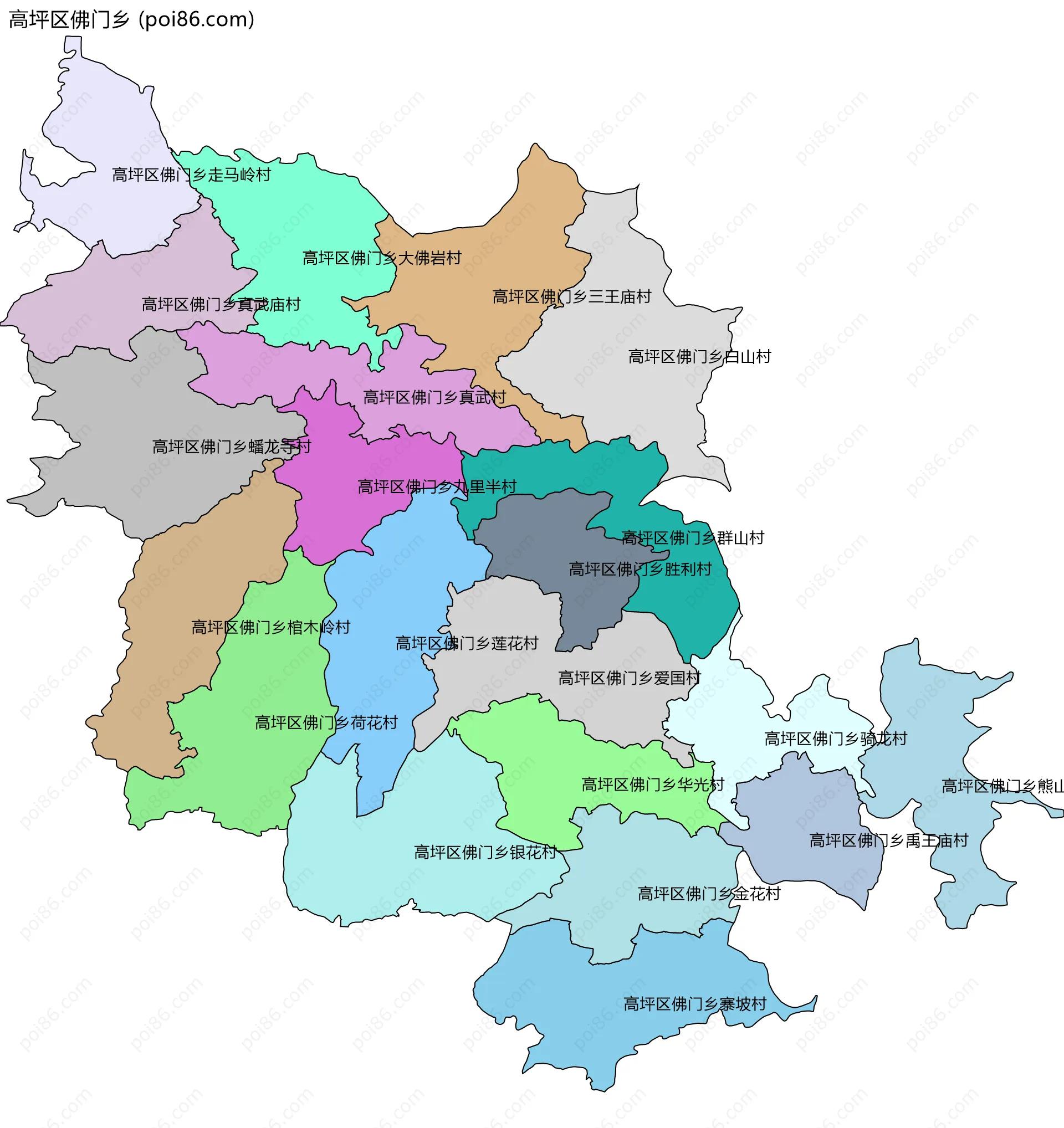 高坪区佛门乡边界地图(五级行政区划)