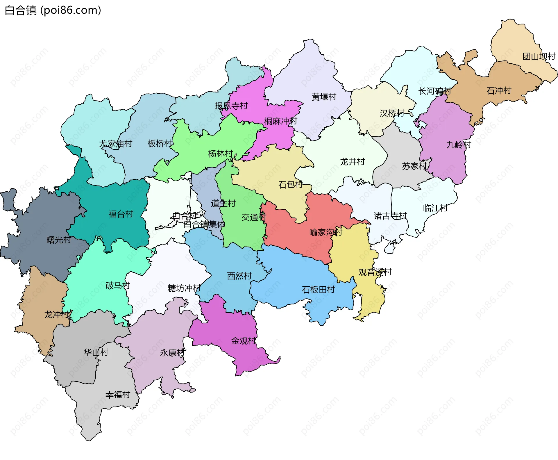白合镇边界地图(五级行政区划)