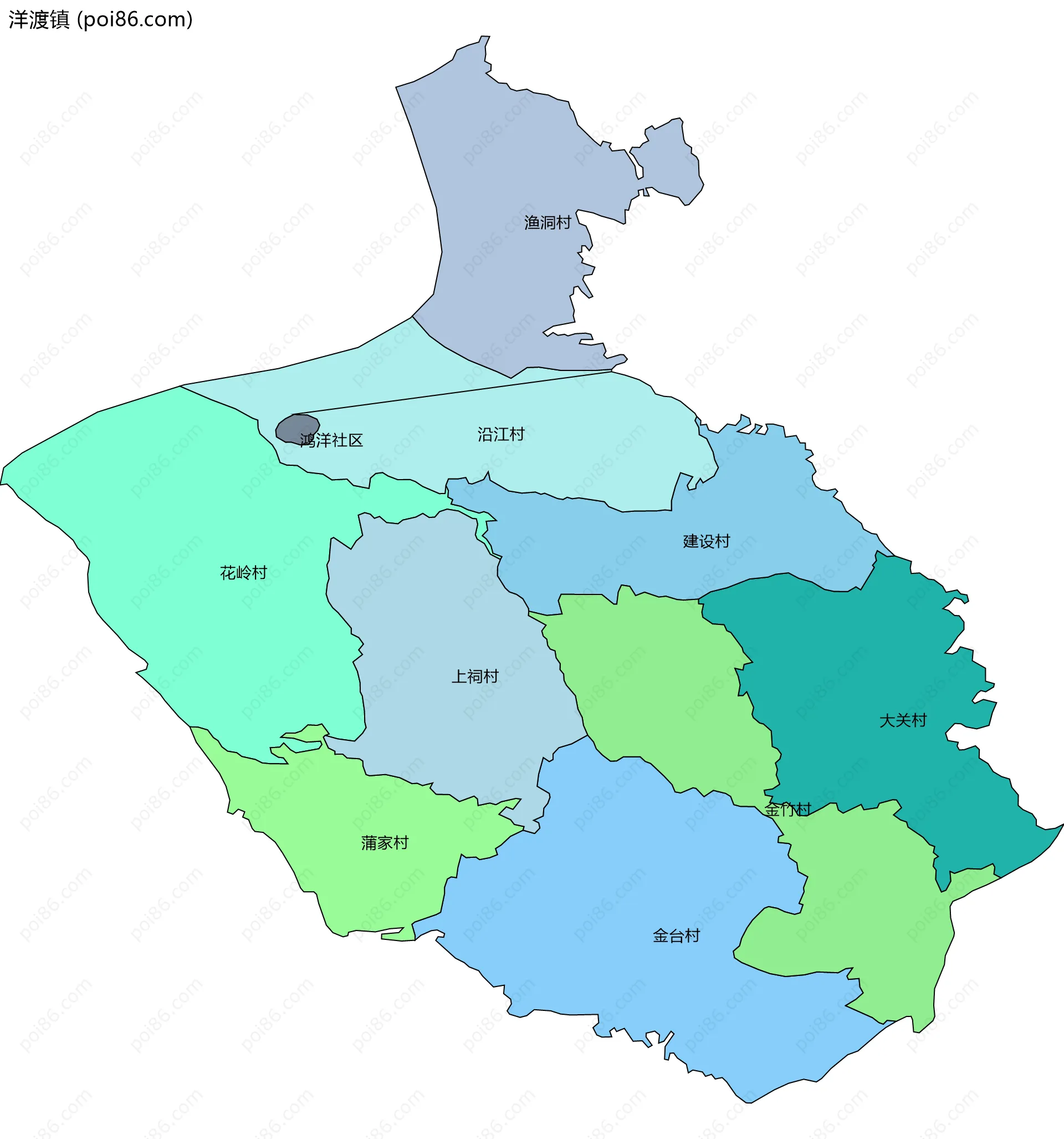 洋渡镇边界地图(五级行政区划)