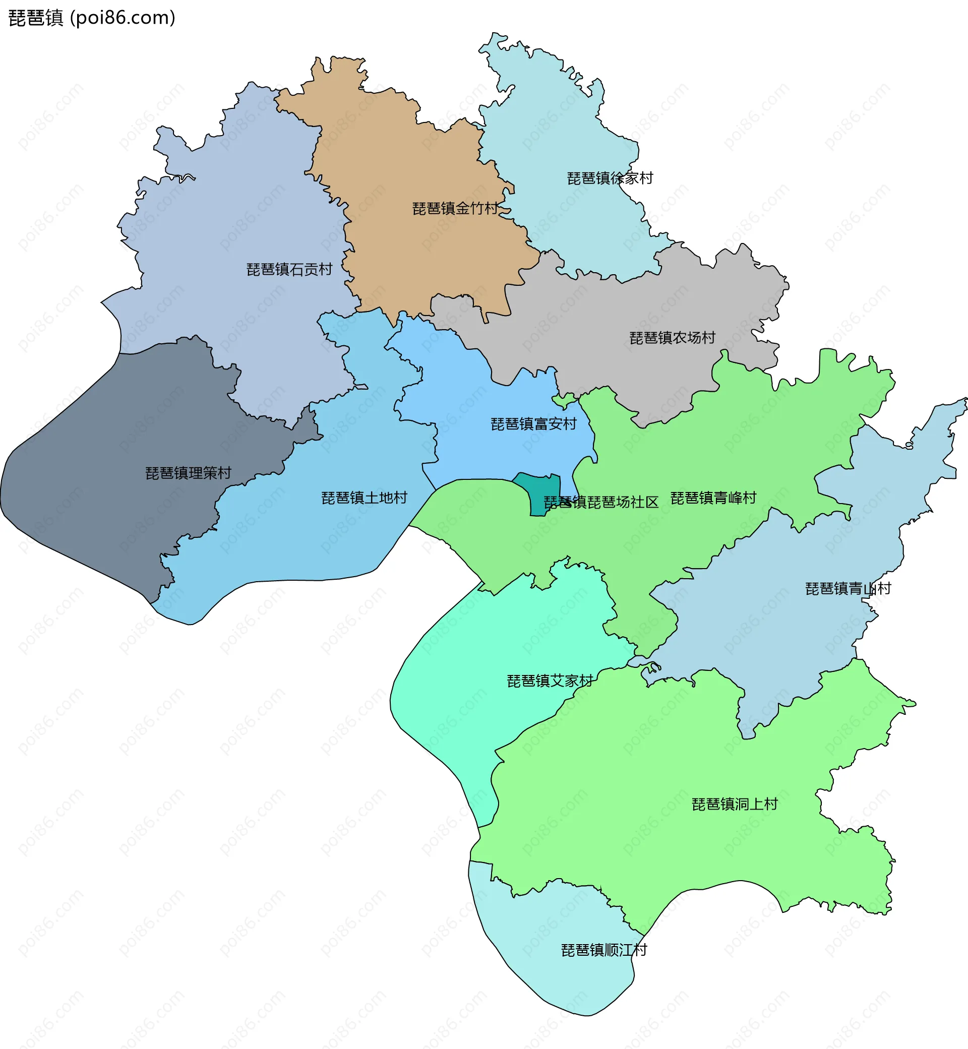 琵琶镇边界地图(五级行政区划)